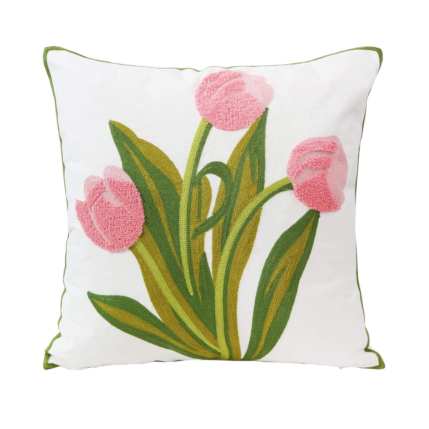 Embroidery Throw Pillow Cover 18x18 Home Decor Tulip Flower Loop Embroidered Floor Pillow Cover for Couch 100% Cotton Canvas Pillow Case Floral Cushion Cover 45x45cm, Pink Tulip, 1 Piece
