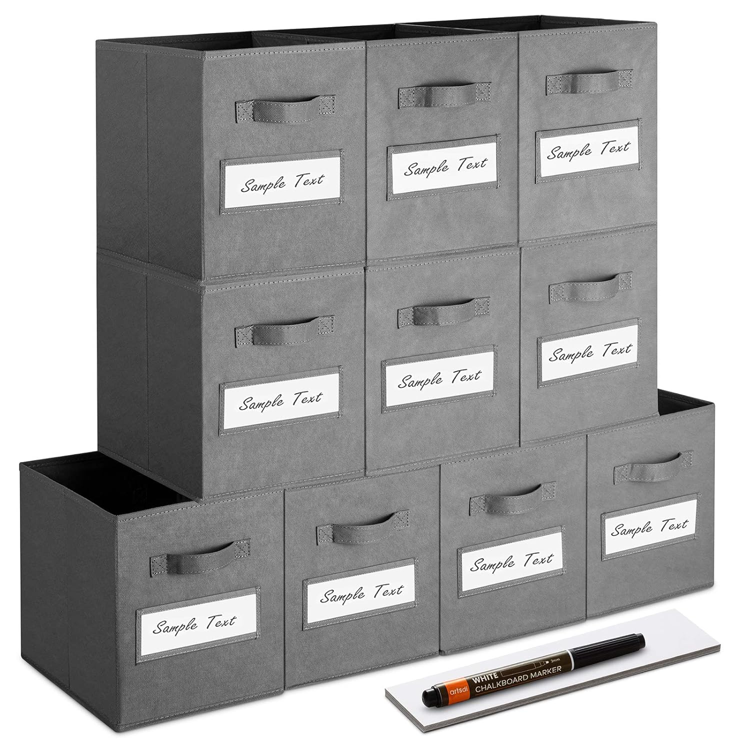 artsdi 11 Inch Storage Cube,Storage bin (Set of 10) Foldable Fabric Cube Storage Bins with 10 Labels Window Cards & a Pen,Baskets Containers for Shelves,Closet Organizers Box for Home & Office,Gray