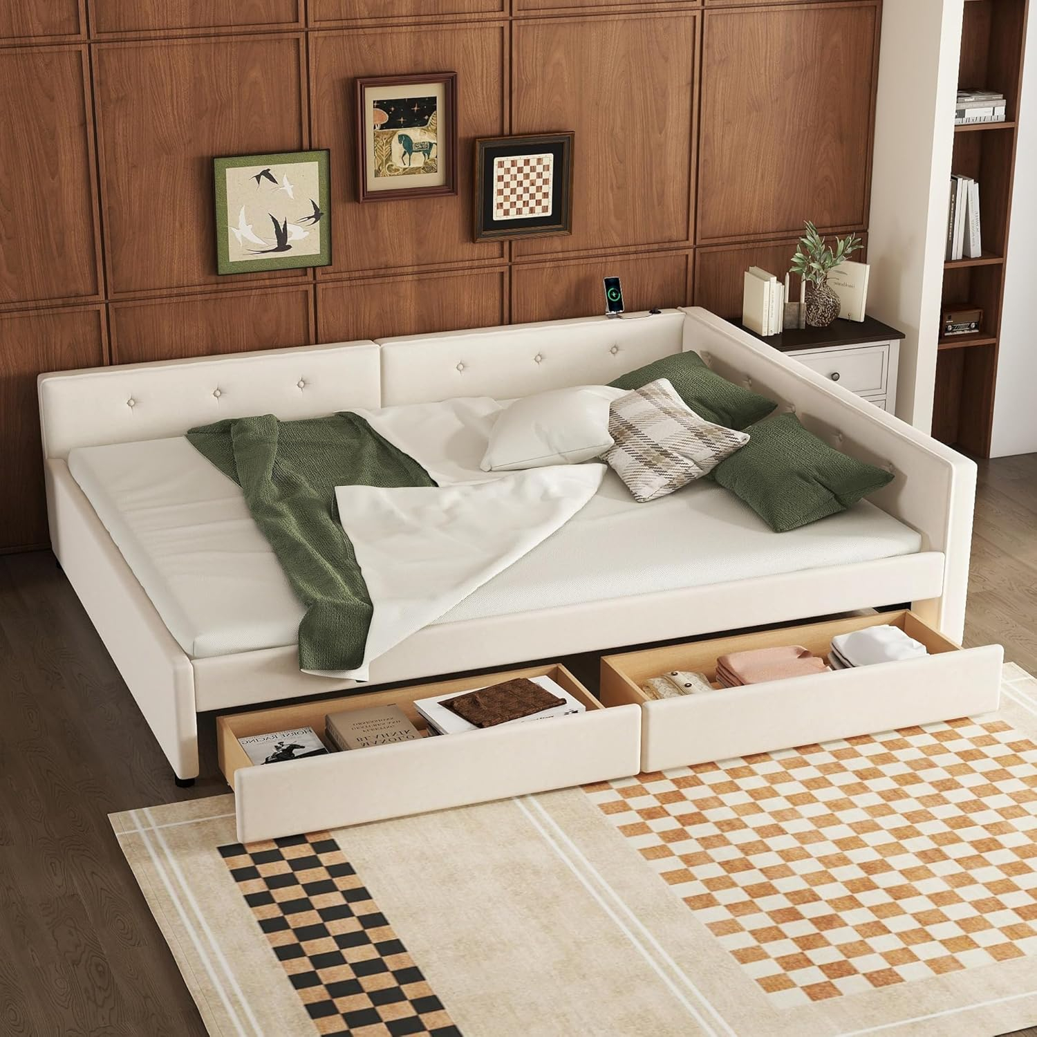 DreamBuck Queen Size Daybed with 2 Drawers, Wood Upholstered Bed Frame with USB Port and Storage, Linen Fabric Daybed, Queen Bed Frames for Bedroom, Living Room, No Box Spring Needed