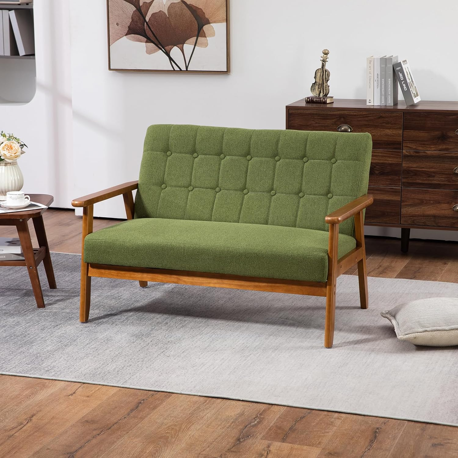 Small Modern Loveseat Sofa, Mid Century Upholstered Linen 2-Seat Couch, Love Seat for Living Room, Bedroom and Small Space (Green)
