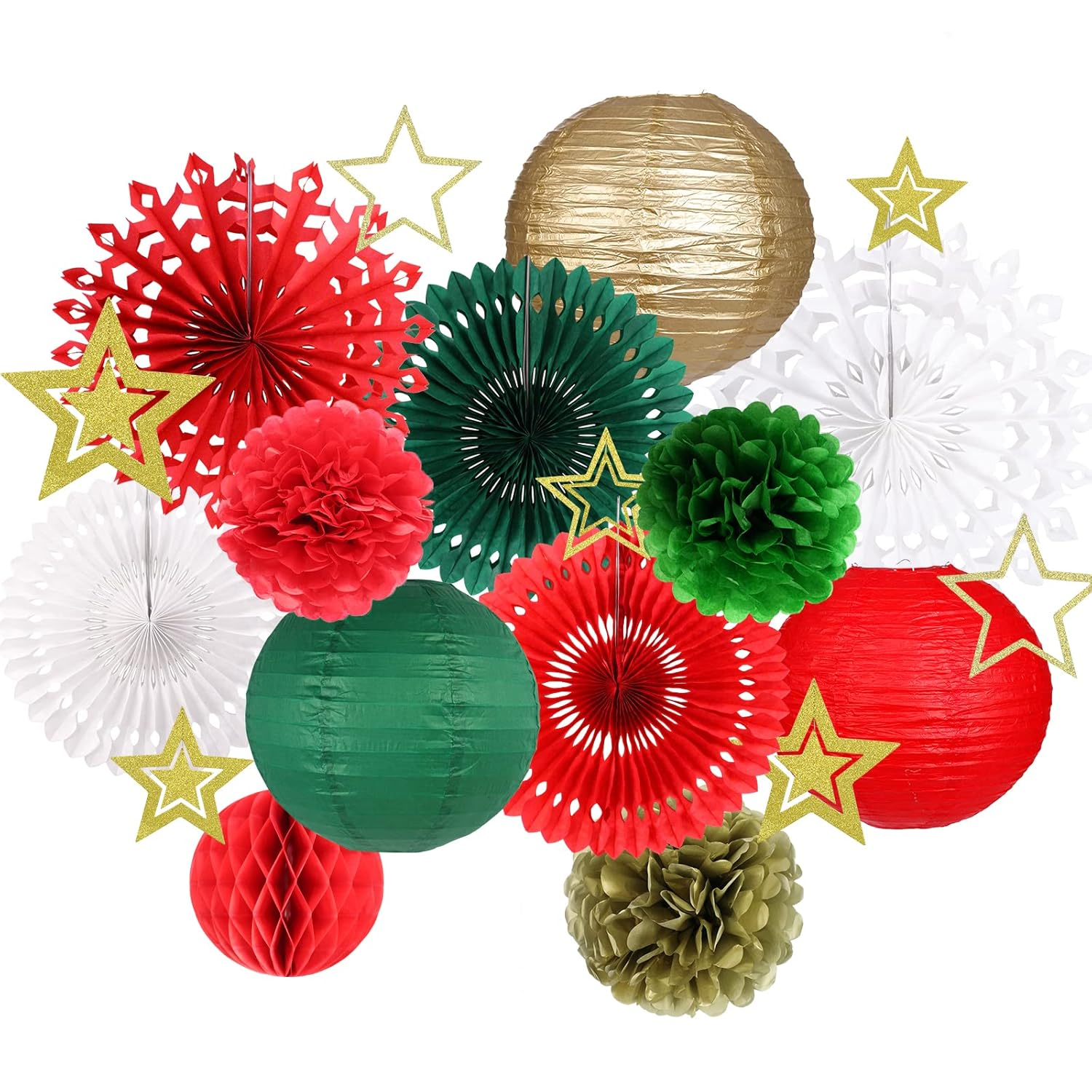 Christmas Party Decorations, Christmas Paper Lanterns Gold Star Pendant Hanging Snowflakes Paper Fan Pom Poms Flowers Honeycomb Ball for Xmas Party Eve Holiday Home Decor