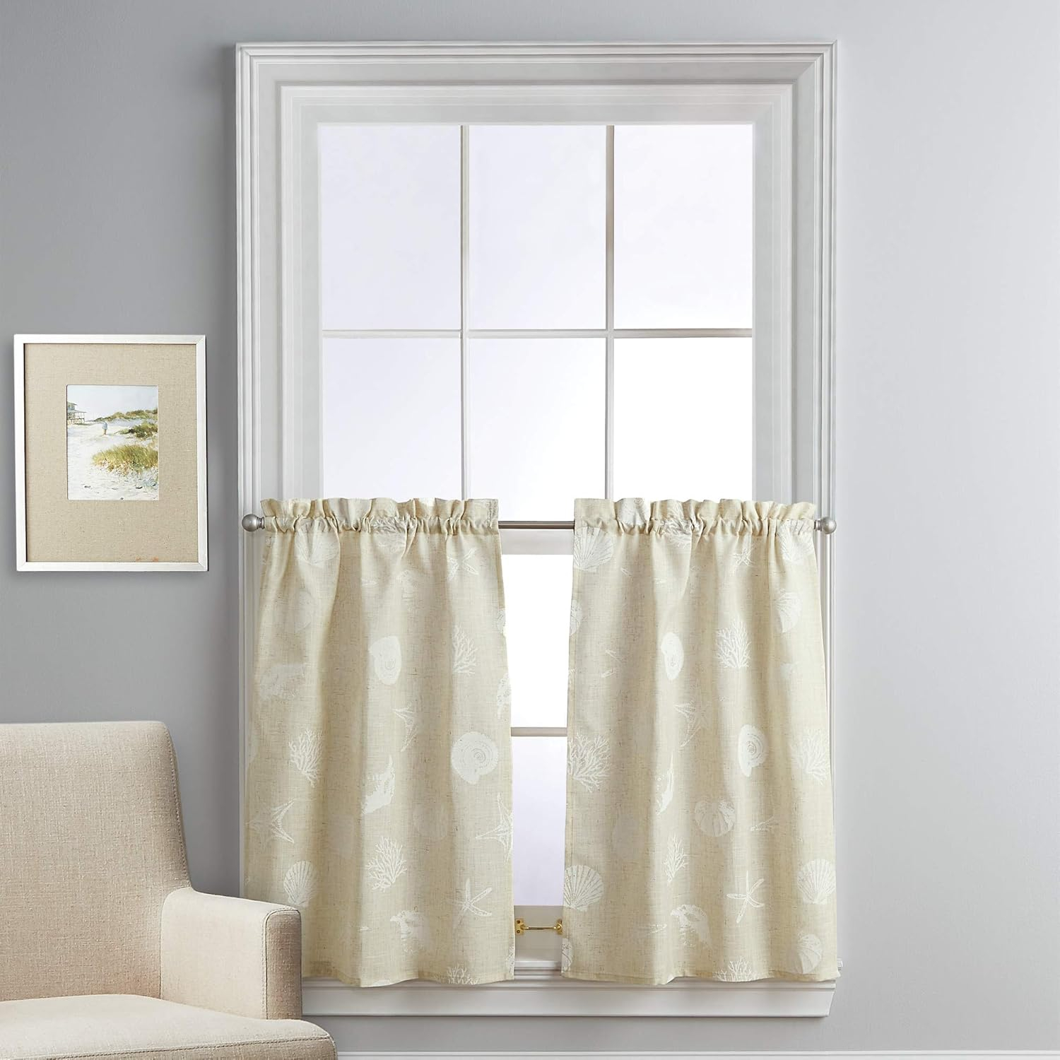 CHF Seashells 36" Tier Curtain, Pair, Printed, Linen, Adult