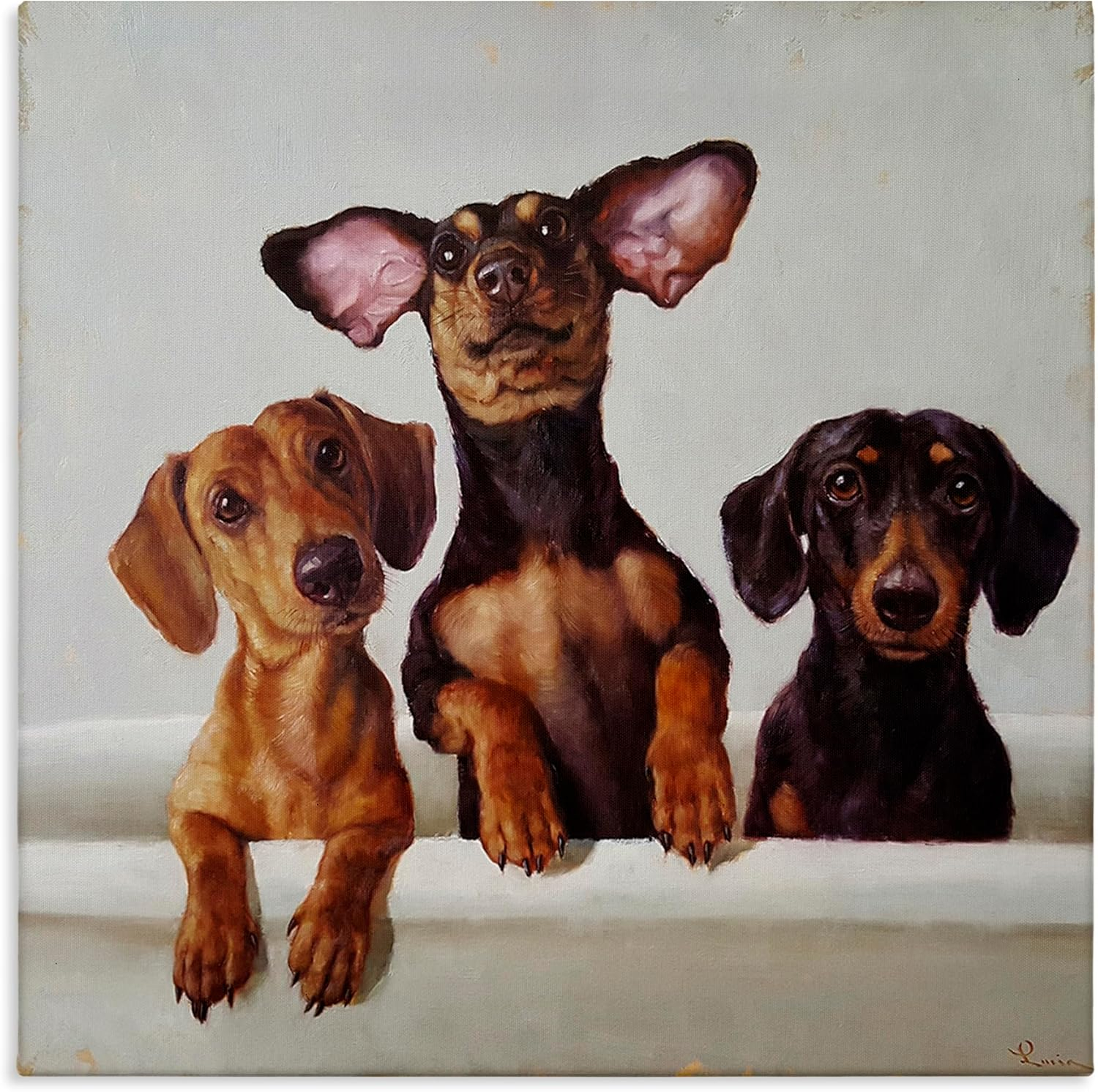 "Dachshunds in the Tub Pet Dog Bathroom Painting" by Lucia Heffernan Unframed Animal Canvas Wall Art Print 17 in x 17 in