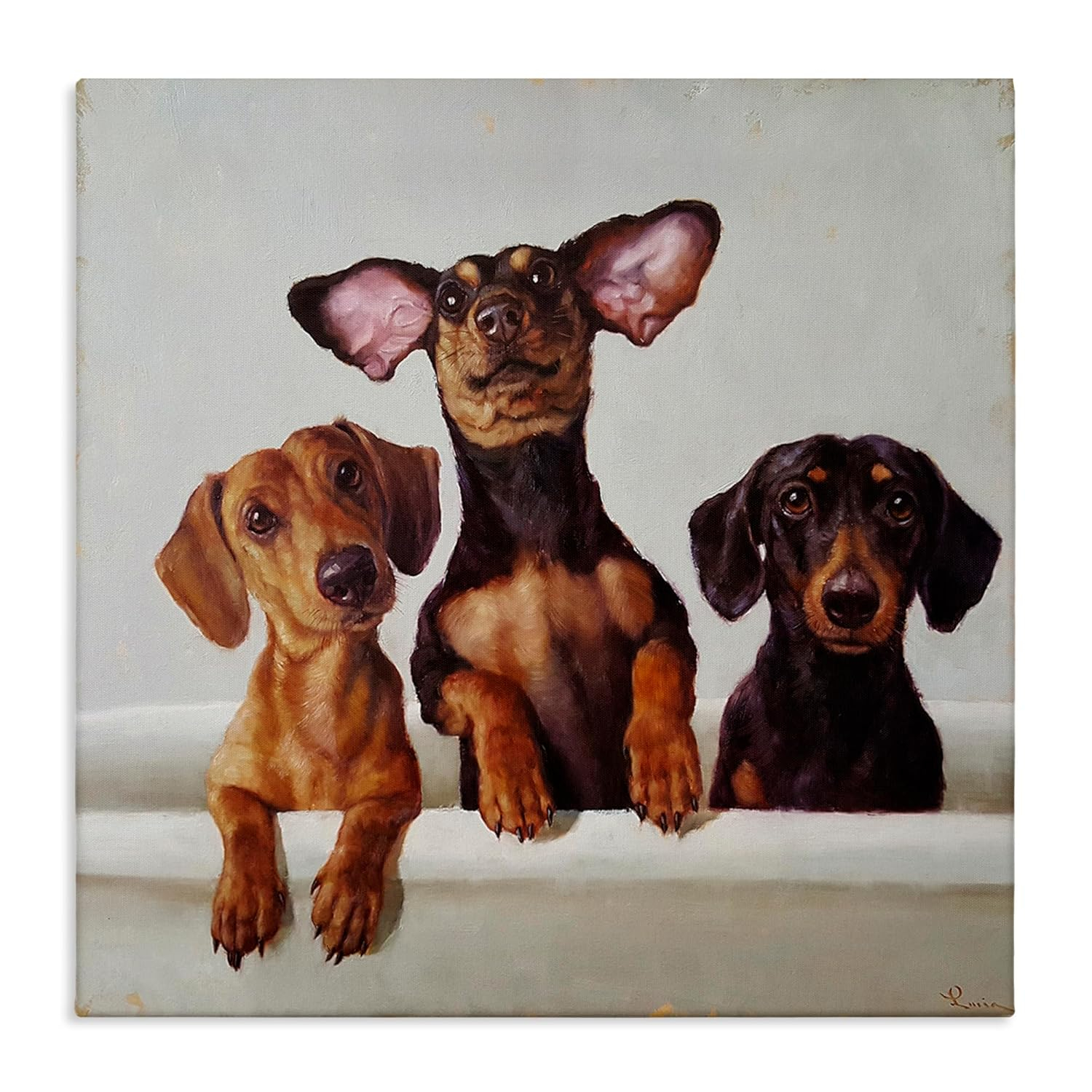 "Dachshunds in the Tub Pet Dog Bathroom Painting" by Lucia Heffernan Unframed Animal Canvas Wall Art Print 17 in x 17 in