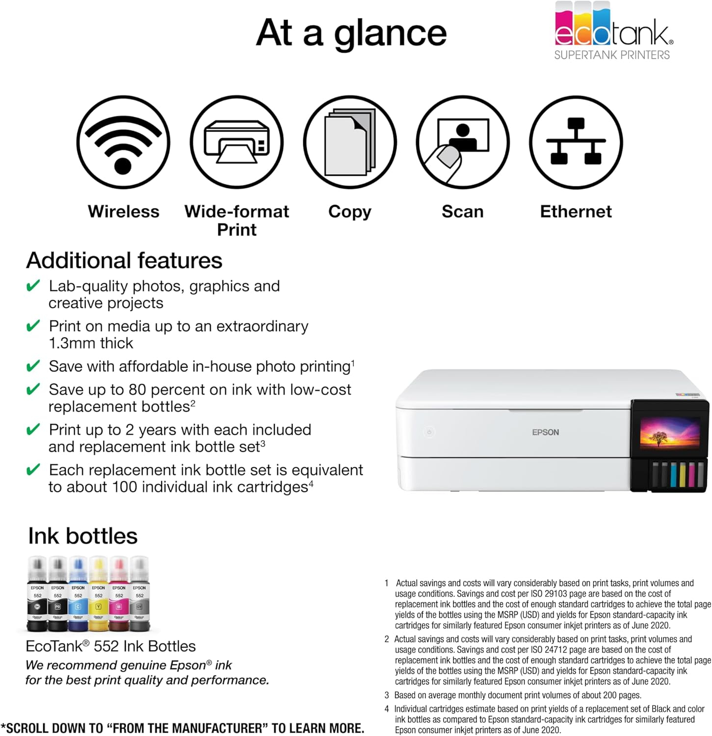 Epson EcoTank Photo ET-8550 Wireless Wide-Format Color All-in-One Supertank Printer with Scanner, Copier, Ethernet