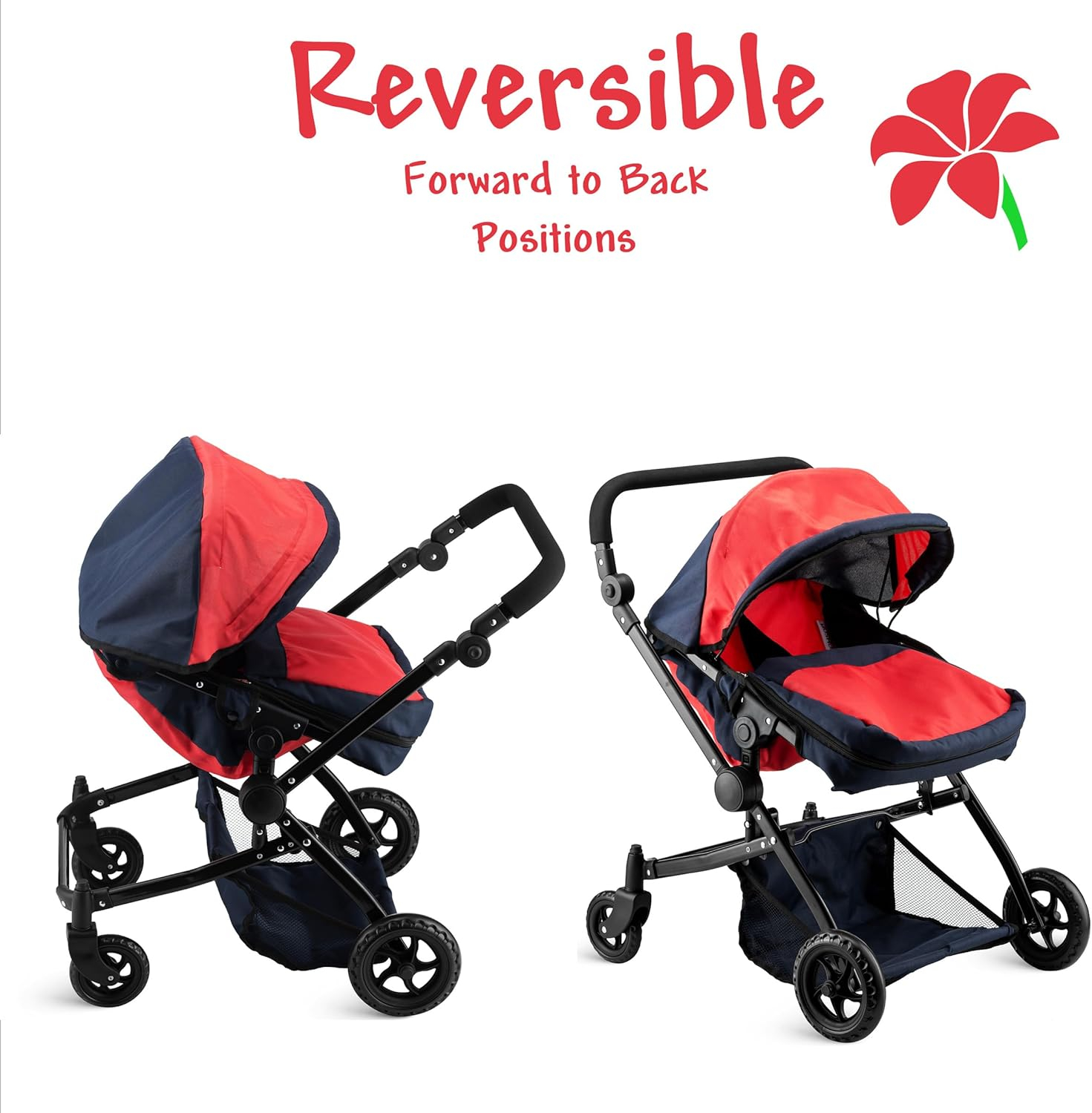 Double Doll Stroller for Twin Baby Dolls - Convertible Seat Toy Stroller for Toddlers 3 Years and up, Adjustable Handle with Storage Basket, Red Design for Kids