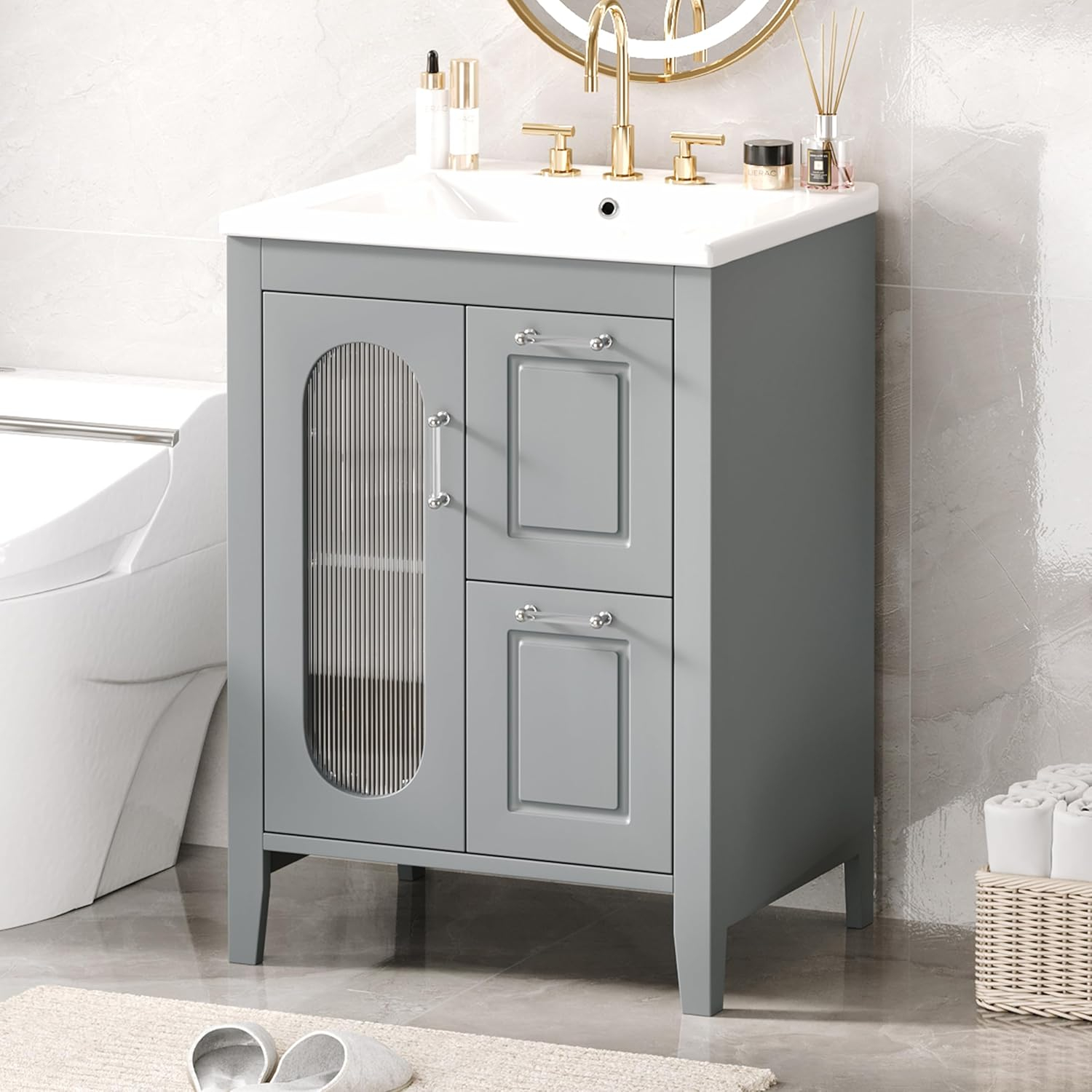 Tryimagine 24" Bathroom Vanity With Sink, Bathroom Vanity Cabinet With Two Drawers And Door, Adjustable Shelf, Solid Wood And MDF