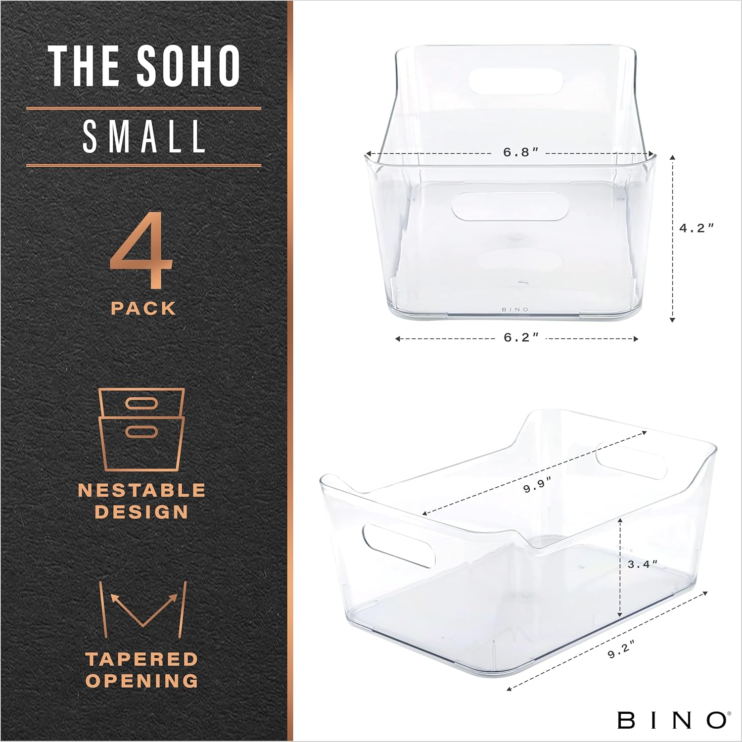BINO | Plastic Organizer Bins, Small - 4 Pack | THE SOHO COLLECTION | Multi-Use Organizer Bins | Pantry Organizer & Freezer Organizer Bins | Plastic Storage Containers | Bins for Home & Kitchen Org