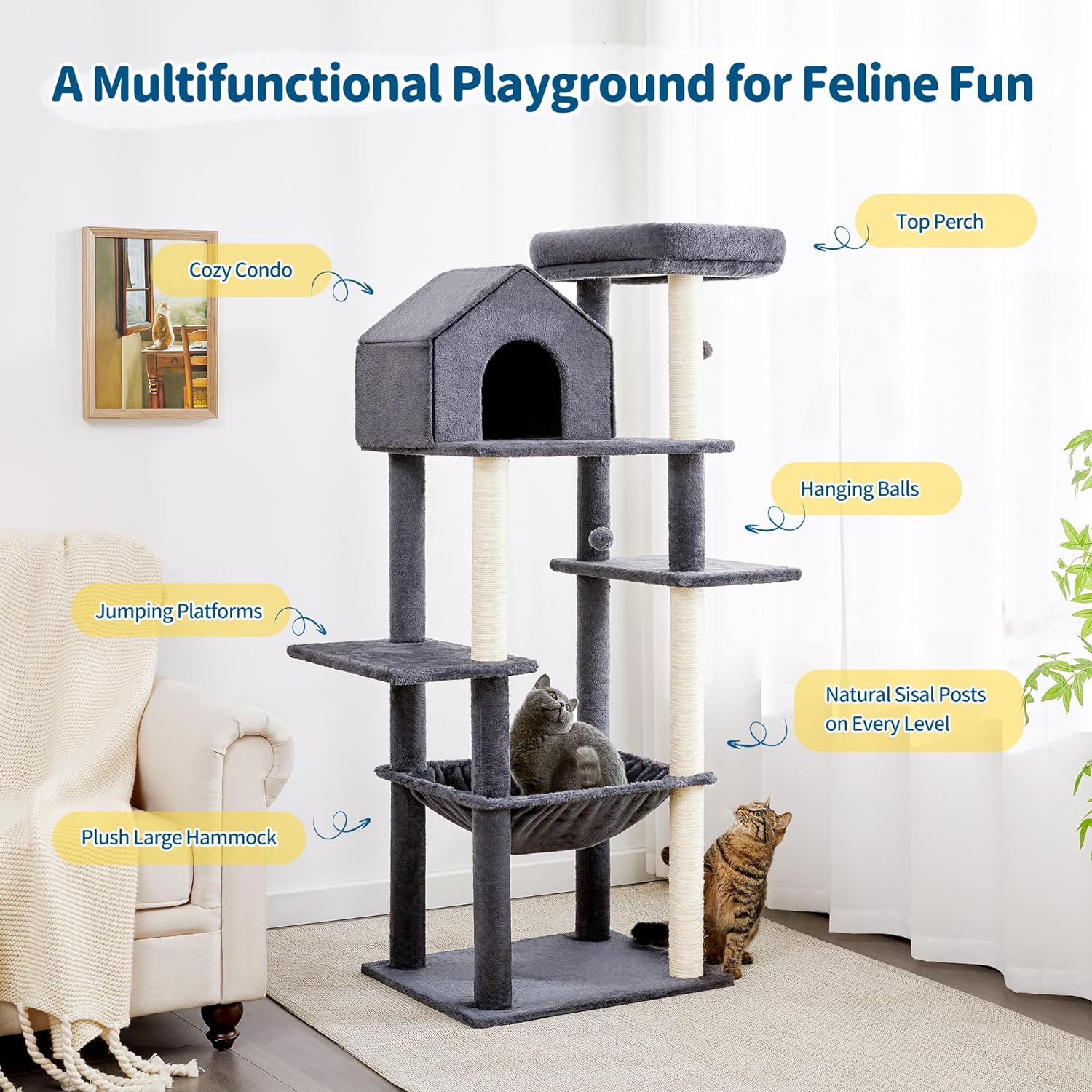 Gray 60 inch Multi-Level Cat Tree with Sisal Posts and Hammock