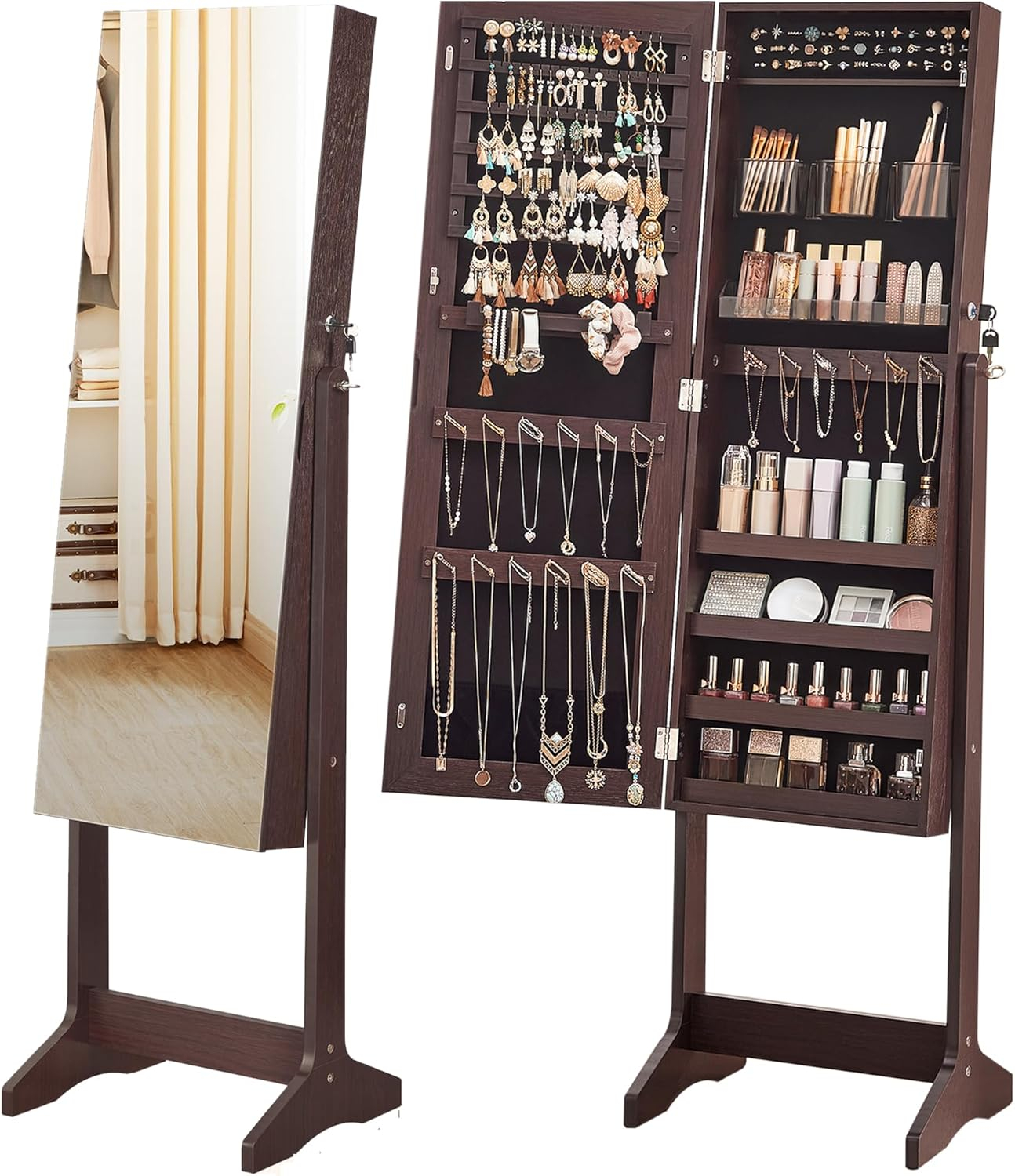 Freestanding Jewelry Cabinet Armoire Organizer with Bevel Edge Mirror