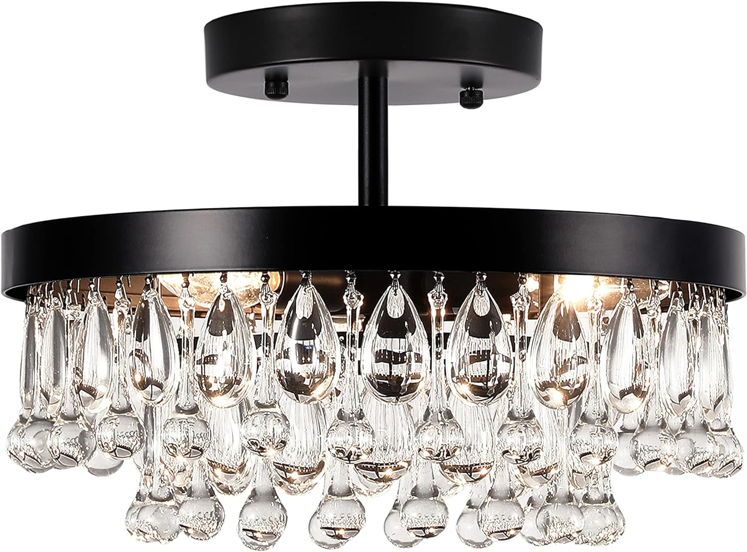 SEOL-Light Vintage Black Crystal Drops Close to Ceiling Light Fixture Round Tiered Chandeliers Large Flush Mount for Bedroom,Kitchen,Hallway,Dimmable,3 Light,120W,E12,15 Dia*6" H;