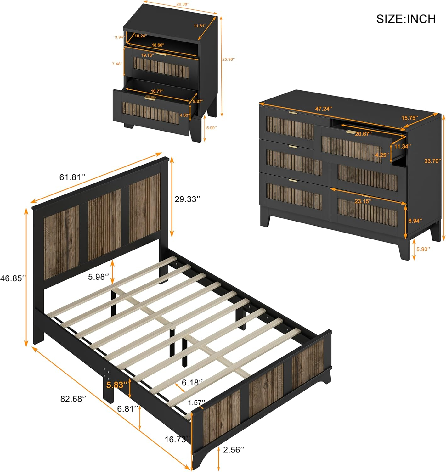 4 Pieces Bedroom Sets Queen Size Farmhouse Platform Bed with Wooden Strip Decoration, 2 Storage Nightstands and A 6-Drawer Dresser with Metal Handle for Kids Teens Adults - Black