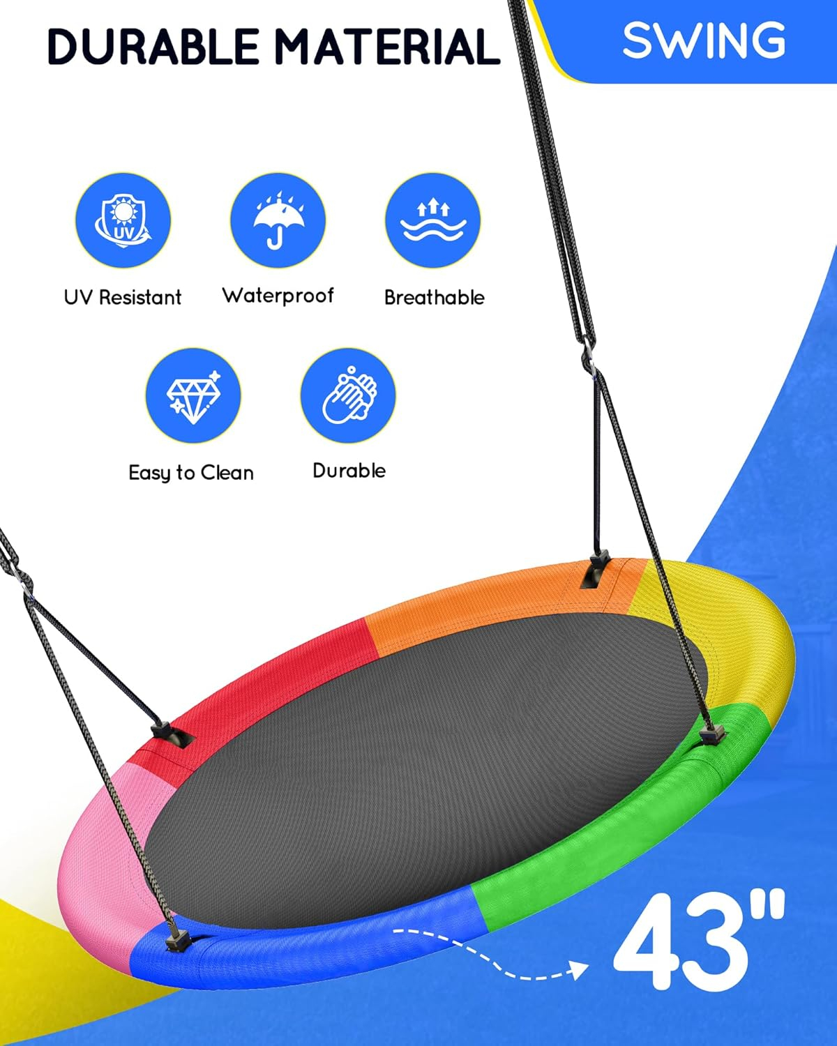 43" Multicolor Waterproof Saucer Tree Swing with Adjustable Straps