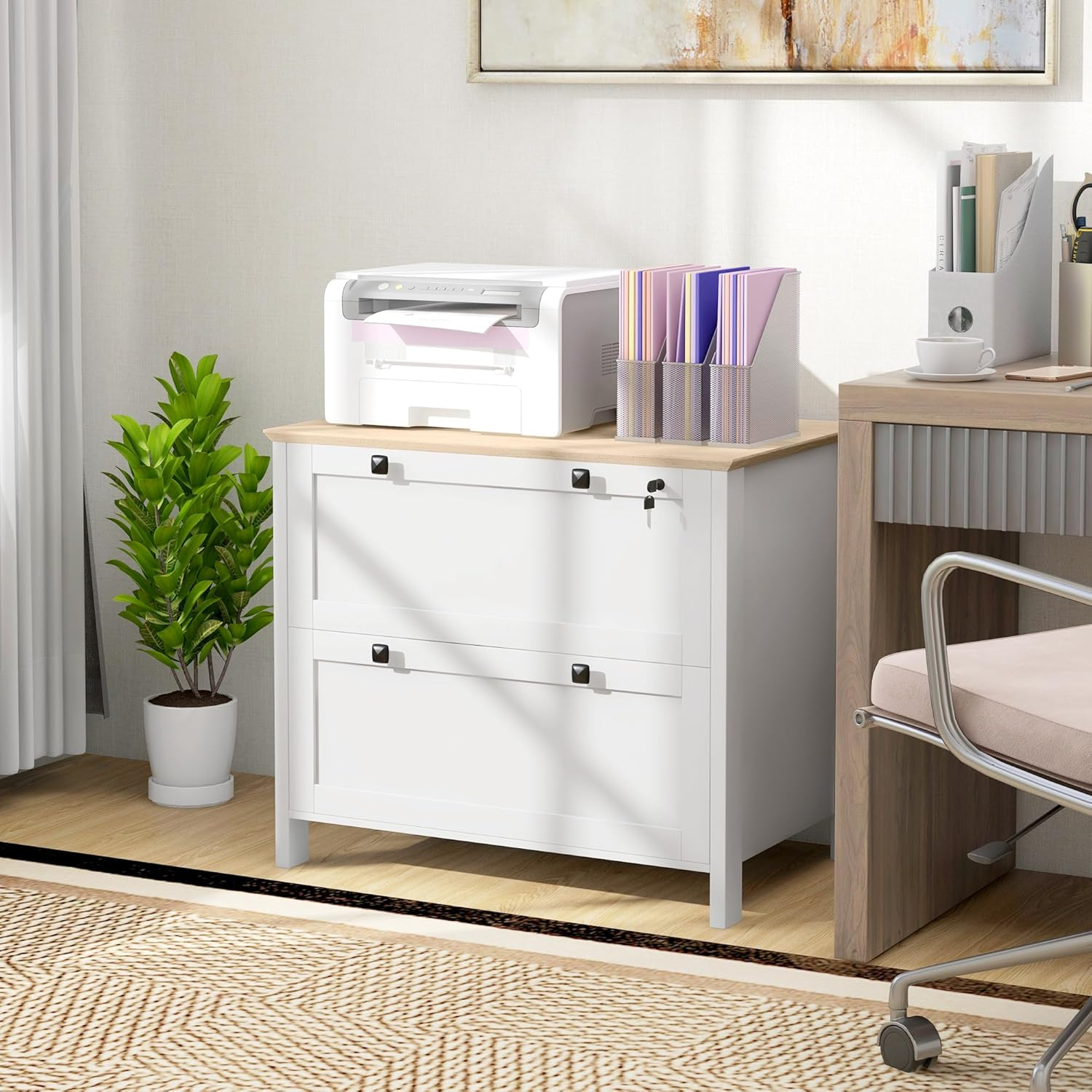 HOMCOM 2 Drawer File Cabinet with Lock, Lateral Filing Cabinet with Keys, Sleek Lines Drawers and Adjustable Hanging Bar for Letter, A4 and Legal Size, White