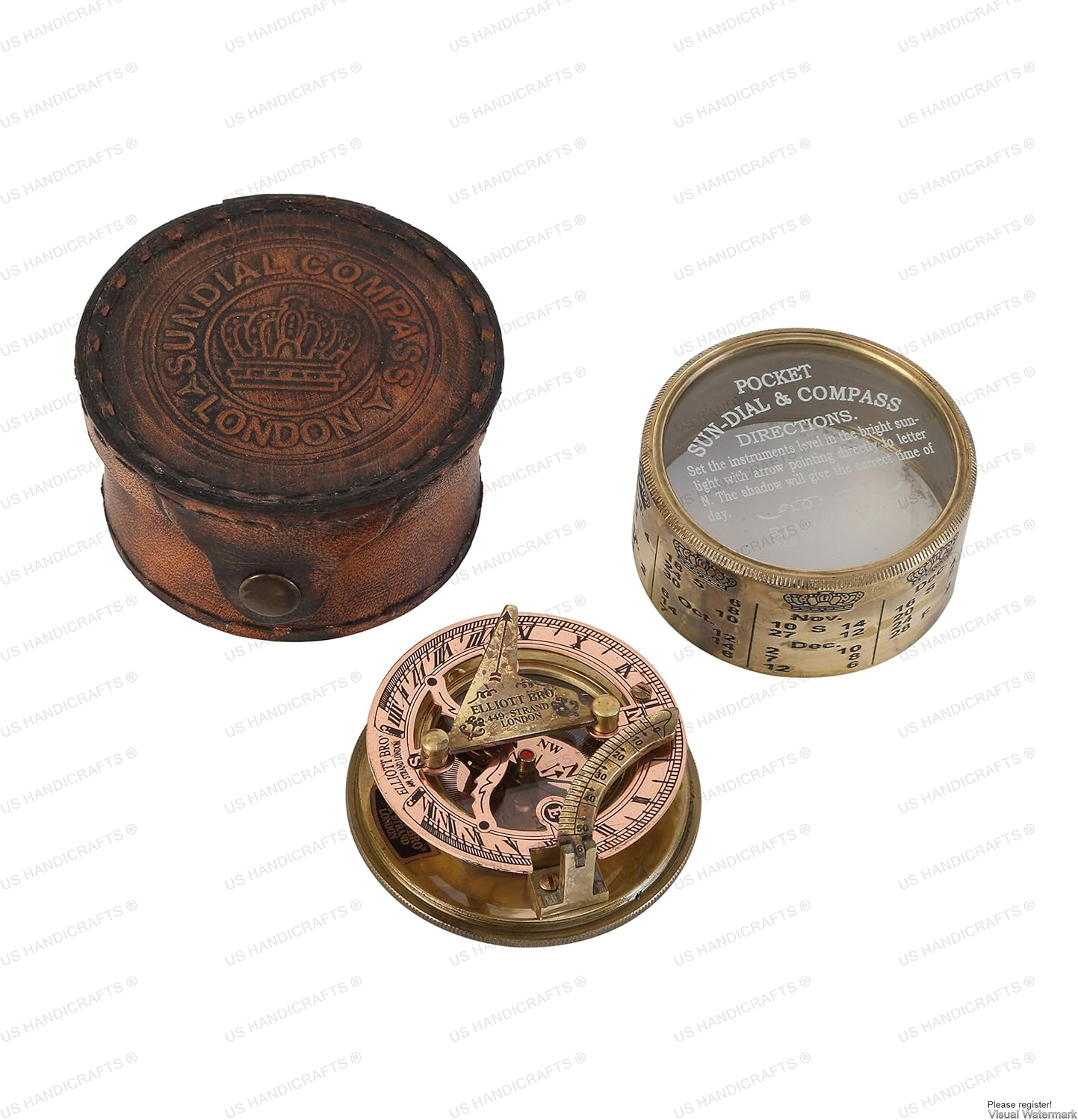 Vintage Brass Sundial Compass with Leather Case | Antique Marine Navigation Instrument & Engraved Calendar | Retro Pocket Compass for Outdoor Adventure, Collectors & Gifts