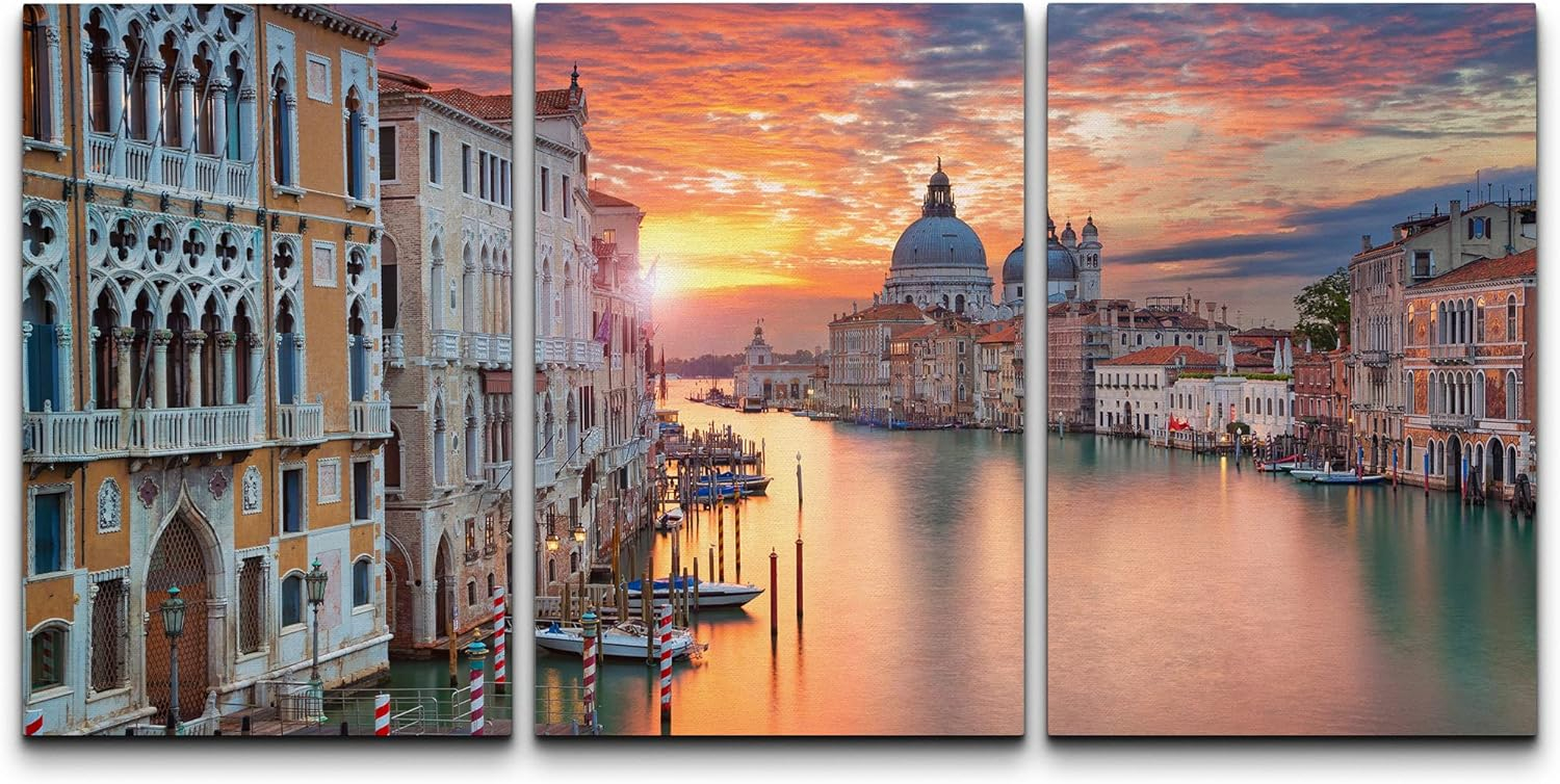 wall26 - 3 Piece Canvas Wall Art - Venice. Image of Grand Canal in Venice, with Santa Maria Della Salute Basilica - Modern Home Art Stretched and Framed Ready to Hang - 16"x24"x3 Panels