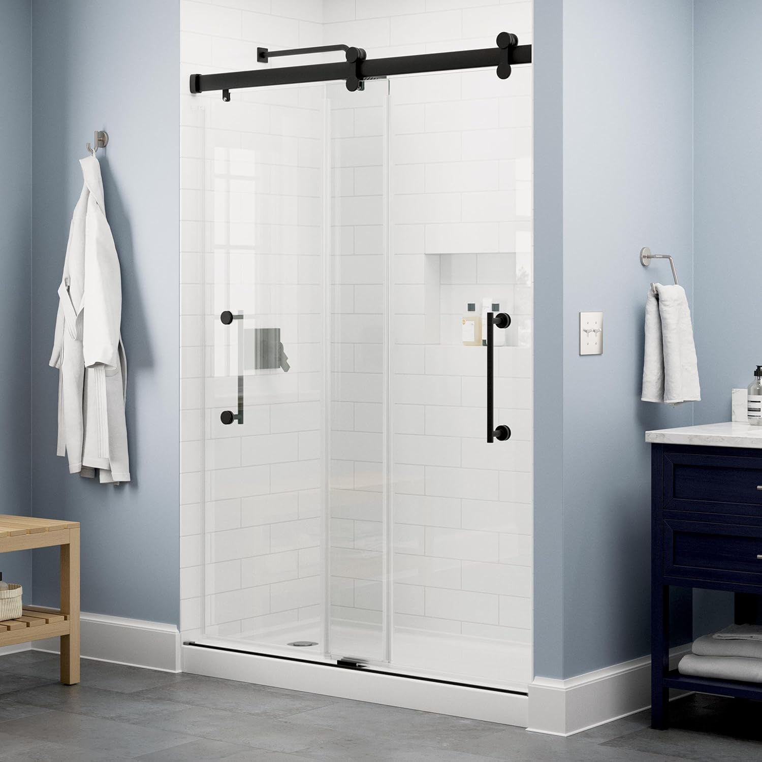 Delta Commix 48 in. x 76 in. Frameless Exposed Roller Sliding Shower Door in Black with 5/16 in. (8mm) Tempered Clear Glass, SDES848-MB-R