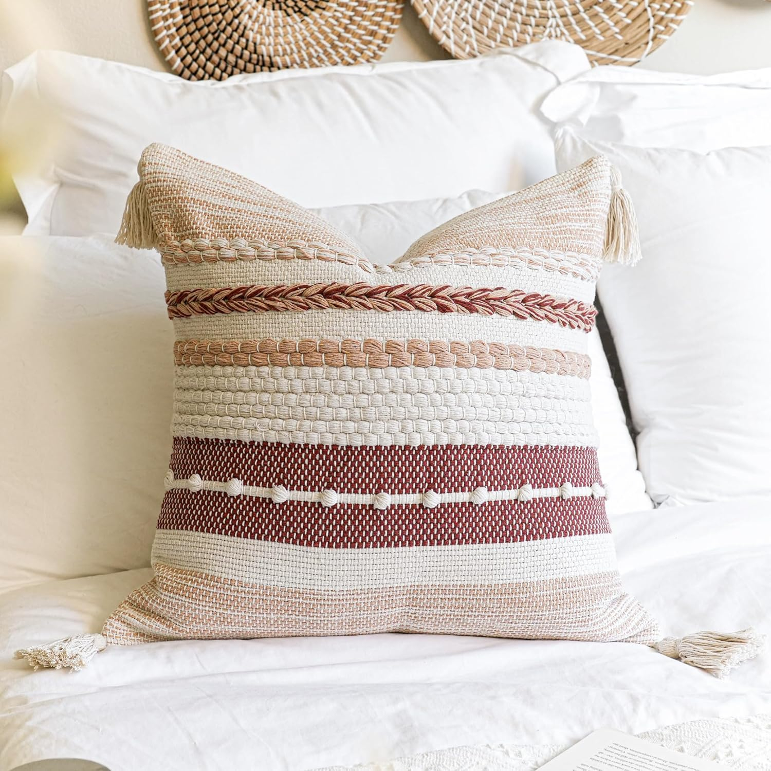 Coastal Blue Boho Decorative Throw Pillow Cover 20x20 Modern Bohemian Accent Pillow Case Square Woven Textured Farmhouse Pillows for Couch Bed (Pack of 1)