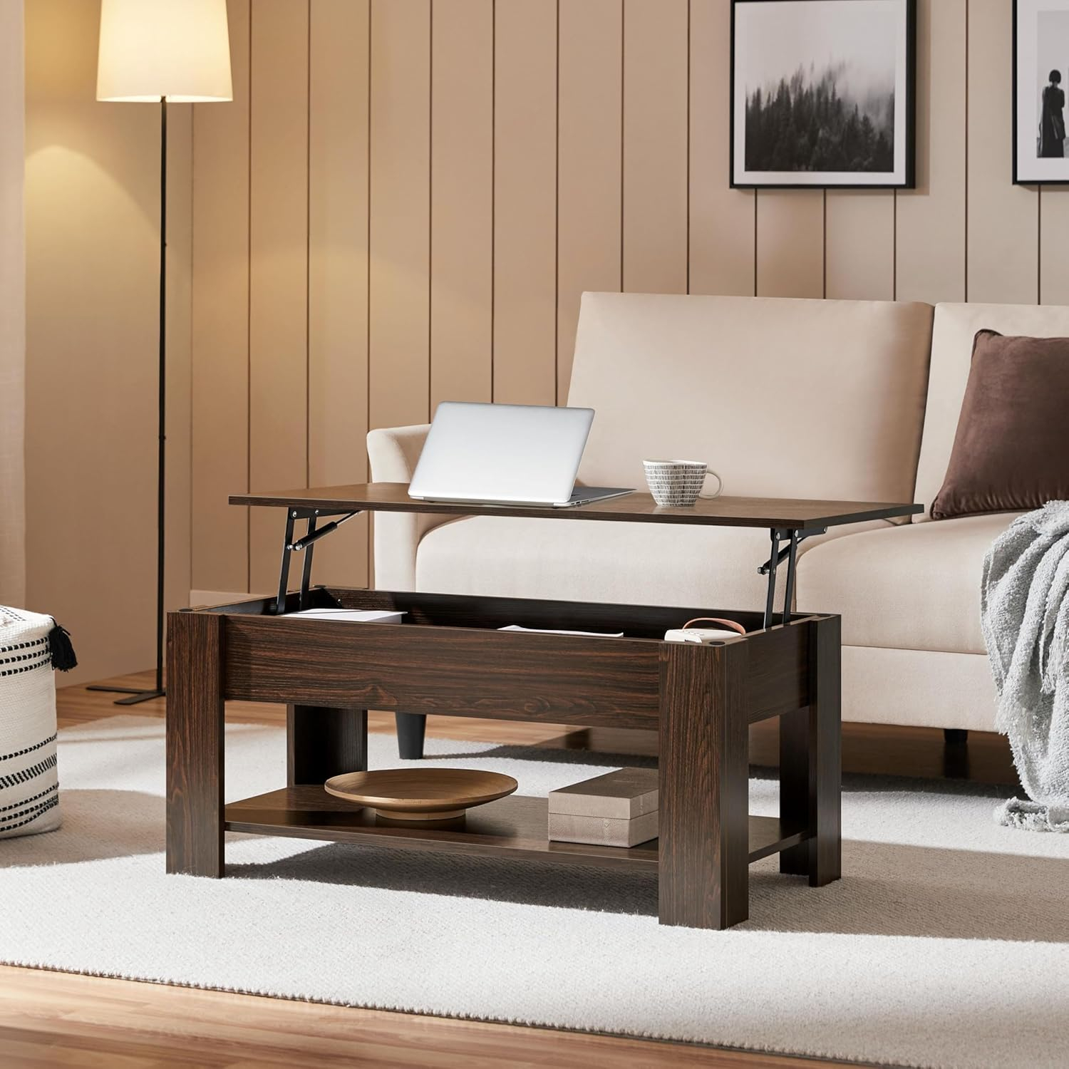 Yaheetech 39in Lift Top Coffee Table with Hidden Compartment and Open Shelf, Espresso
