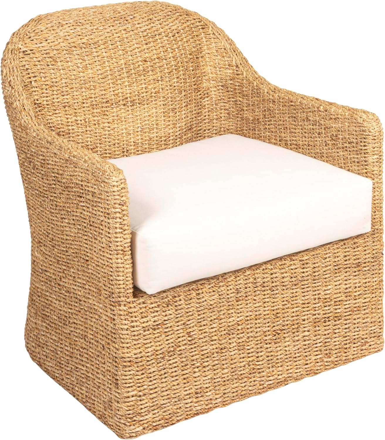 Natural and Cream Woven Water Hyacinth and Acacia Wood Outdoor Lounge Chair with White Cushion