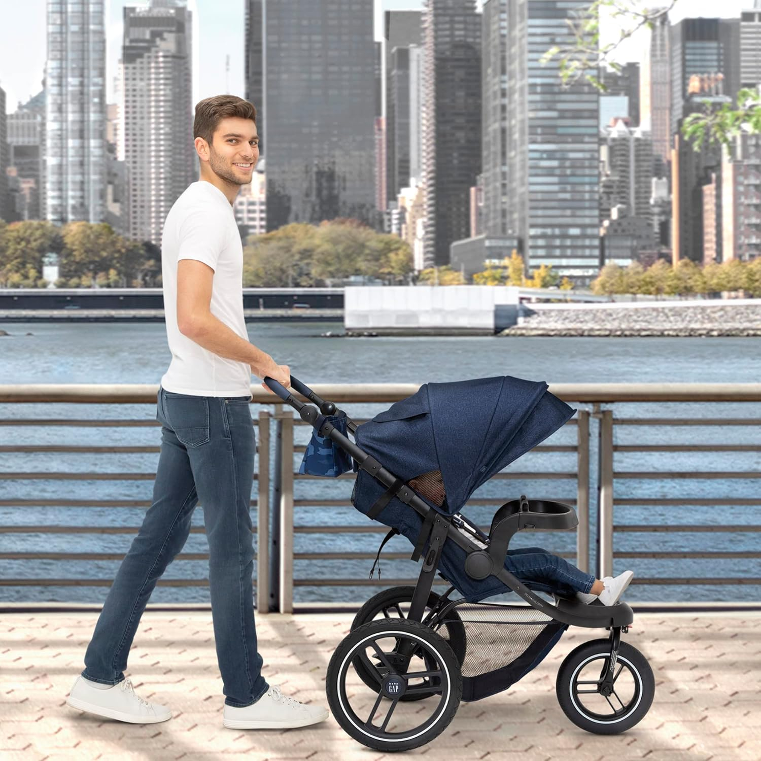 babyGap Trek Jogging Stroller - Lightweight Jogging Stoller with Extendable Canopy & Reclining Seat - Includes Car Seat Adapter - Made with Sustainable Materials, Navy Camo