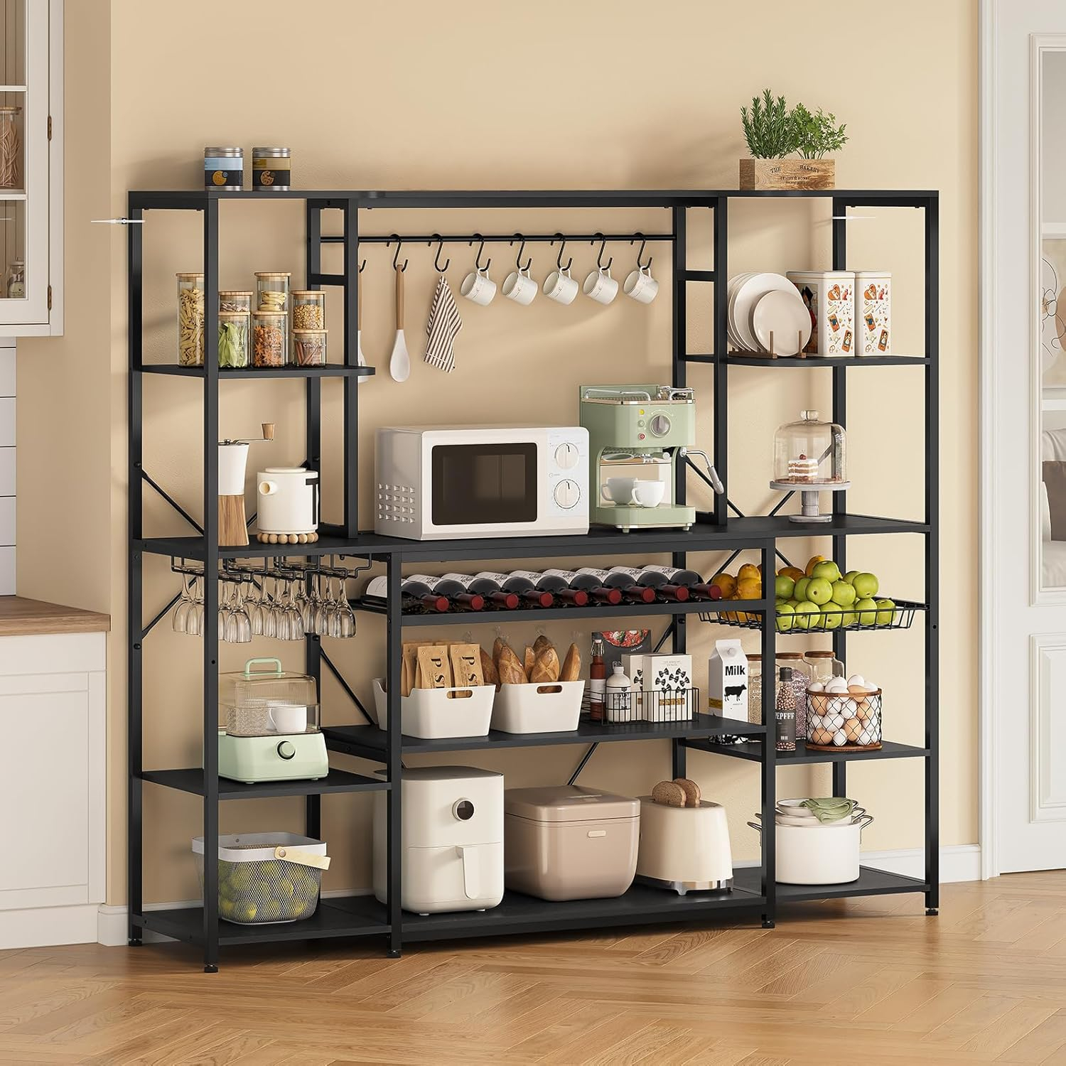 Kitchen Bakers Rack with Storage Shelves, Microwave Stand with Power Outlet and LED Light, Coffee Bar Cabinet Wire Basket Metal Grid Wine Rack Goblet Holder Hooks (Black, Small)