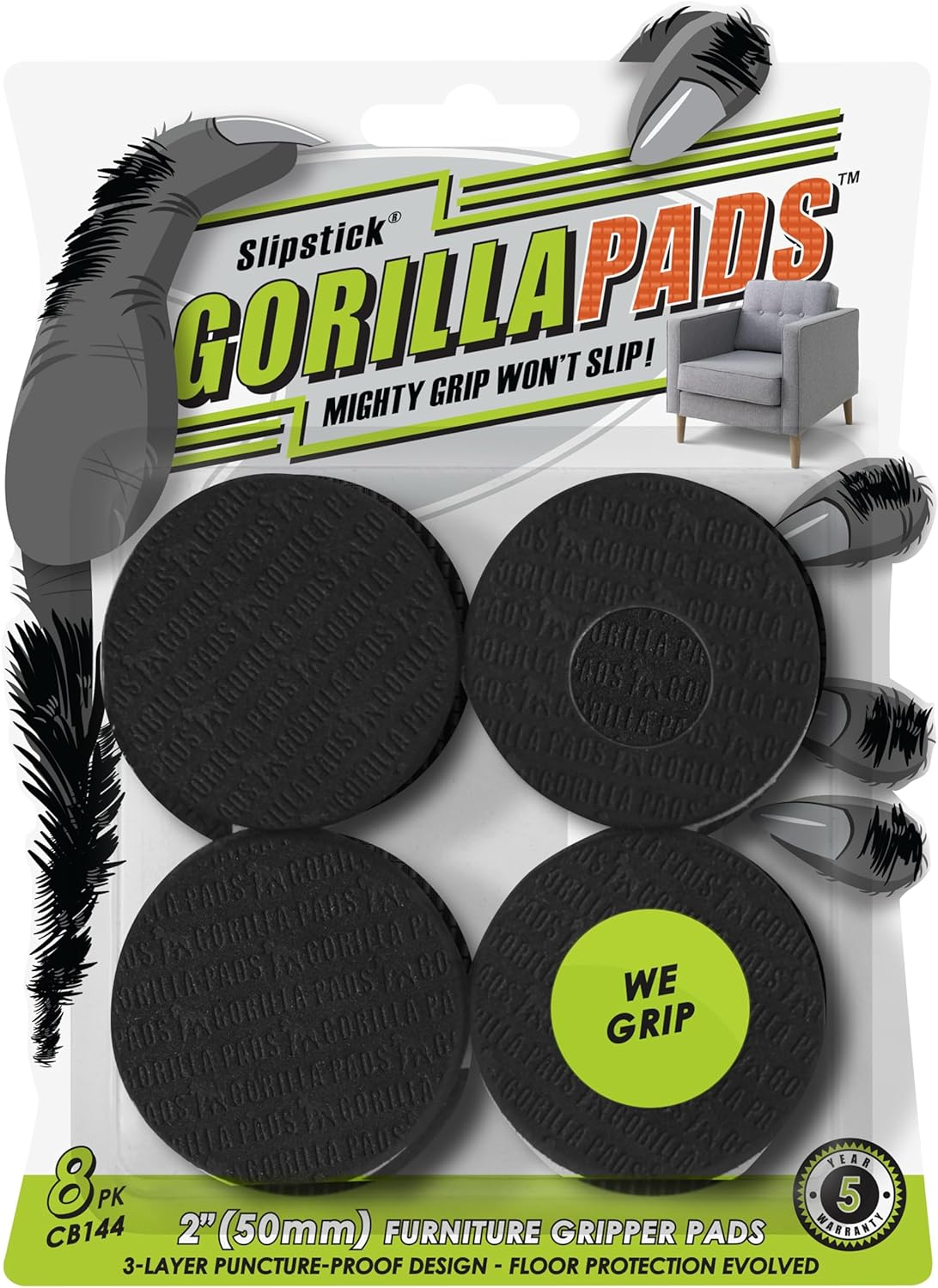 Slipstick 5020830 2 x 2 in. Black Round GorillaPads Rubber Self Adhesive Gripper Pad, 8 per Pack - Pack of 6
