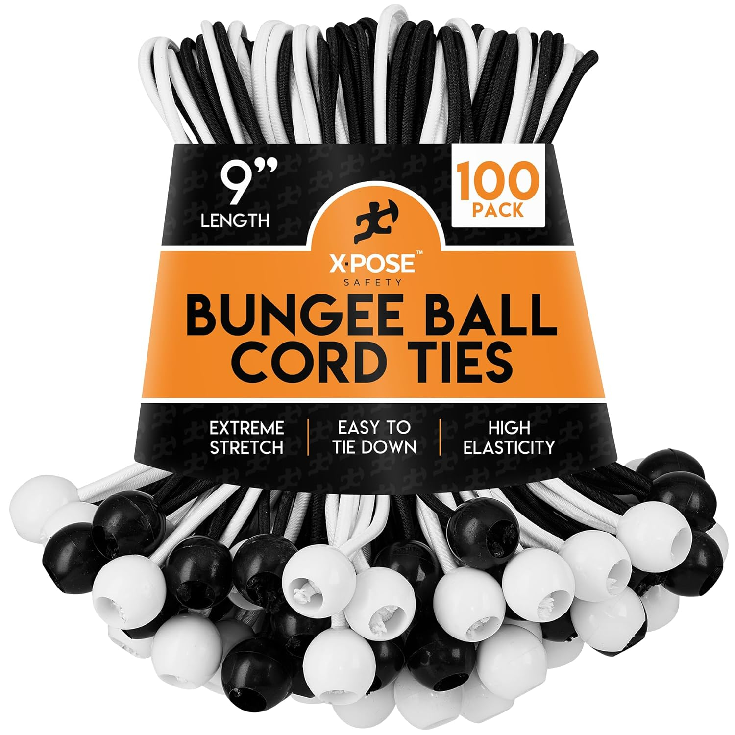 Xpose Safety Bungee Ball Cords 9" 100 Pack Heavy Duty Assorted Colors Stretch Rope with Ball Ties for Canopies, Tarps, Walls, Cable Organization