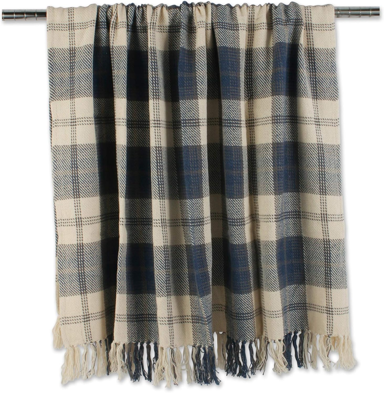 Farmhouse Beige and Blue Cotton Plaid Throw Blanket with Fringe
