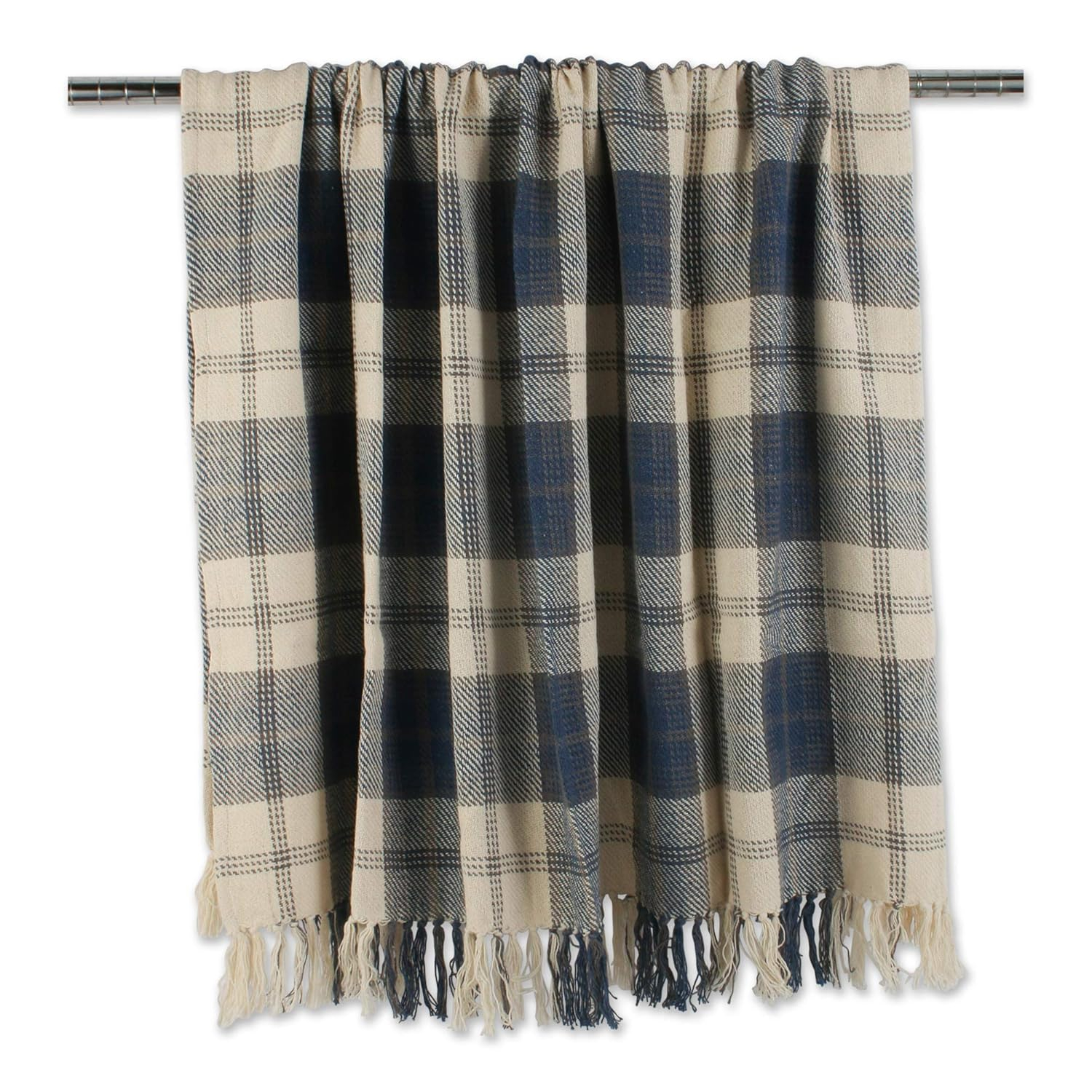 Farmhouse Beige and Blue Cotton Plaid Throw Blanket with Fringe
