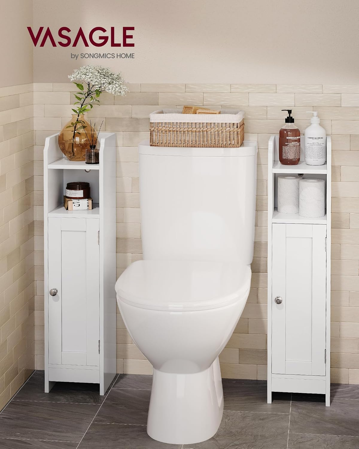 White MDF Narrow Bathroom Storage Cabinet with Adjustable Shelves