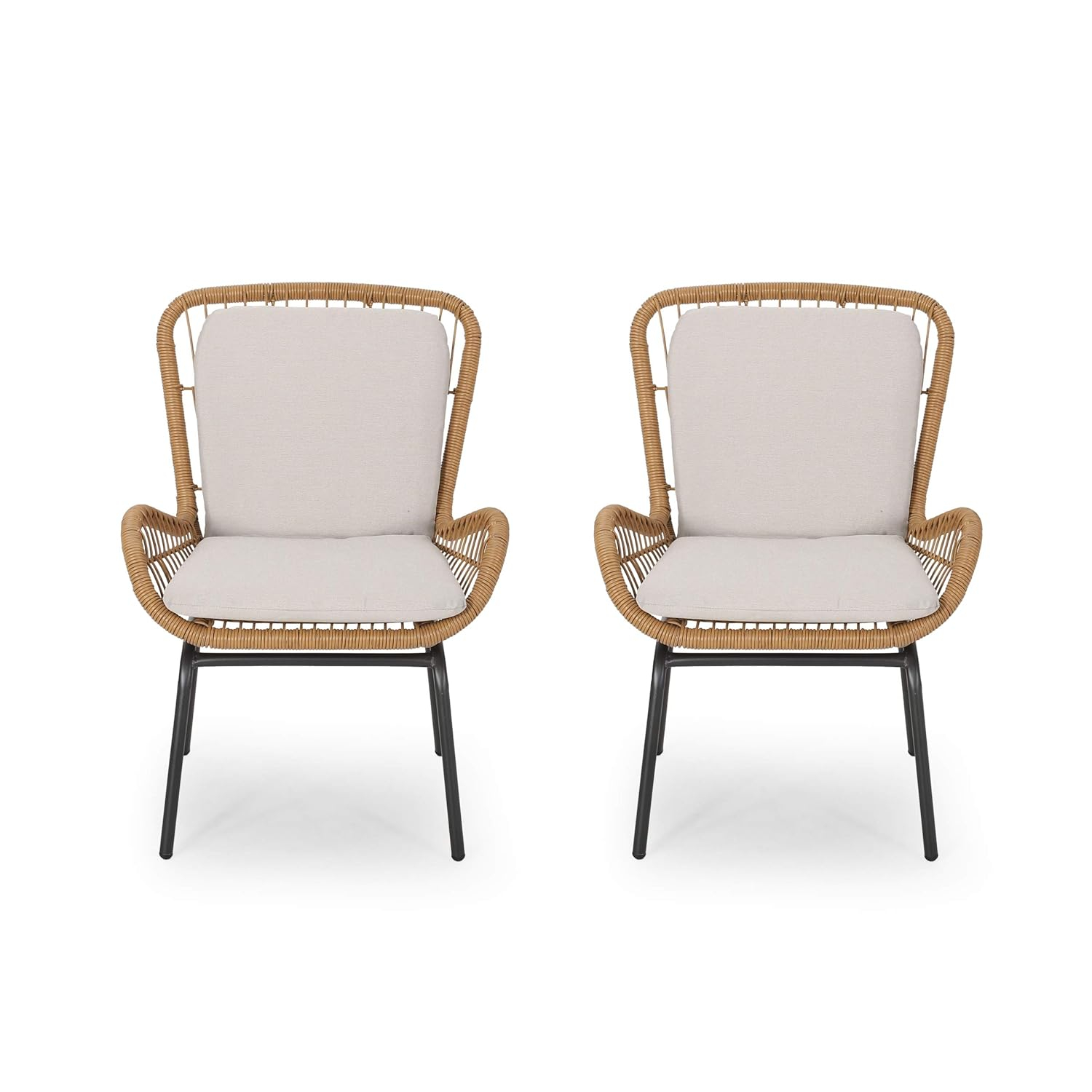 GDF Studio Malden Outdoor Wicker Club Chairs with Cushions, Set of 2, Iron, Beige, and Black