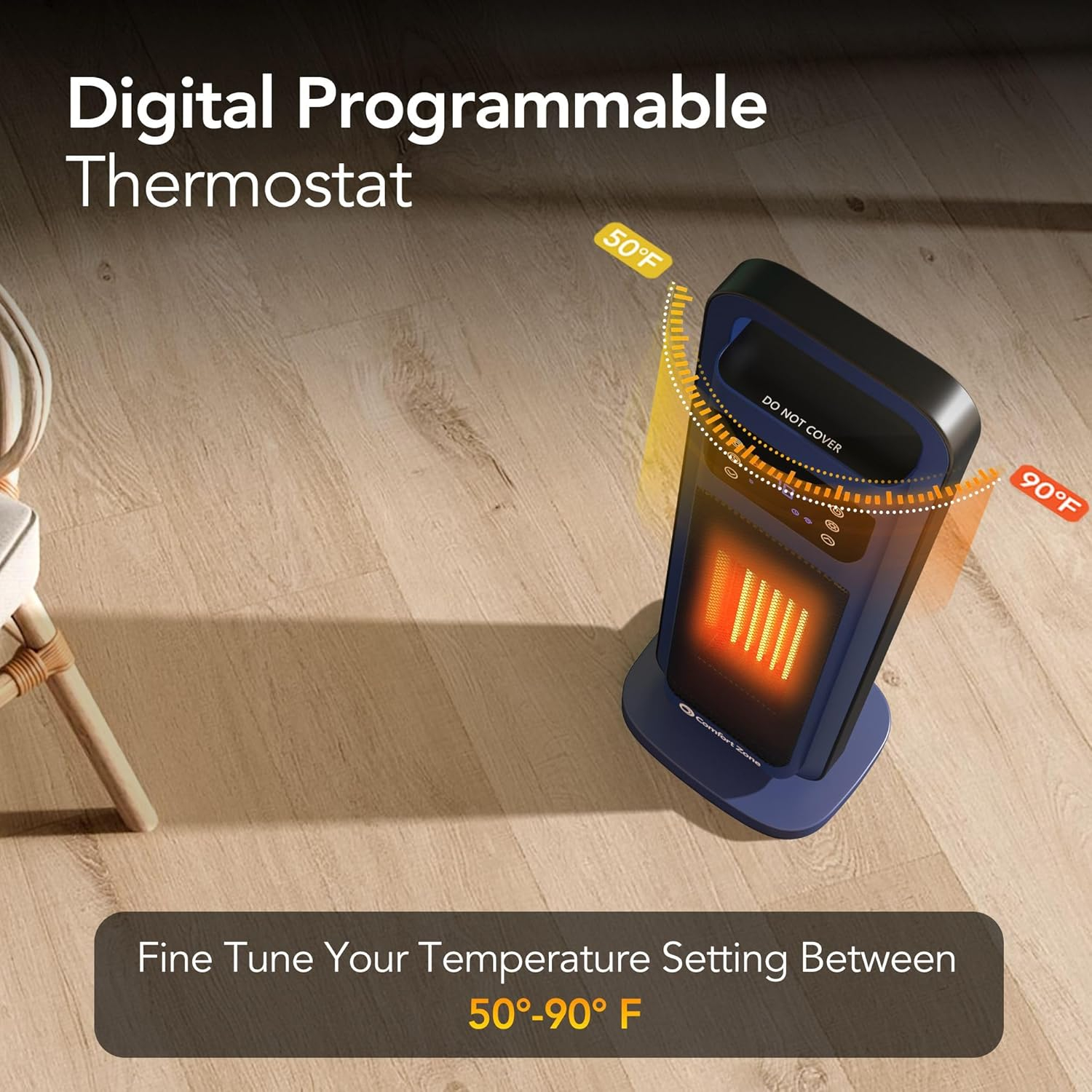 Comfort Zone 26" Oscillating Digital Tower Heater with Remote Control for Indoor Use, Adjustable Thermostat, Timer, Overheat Protection, Tip-Over Switch, Ideal for Home, Bedroom, & Office, HT1206-NVY