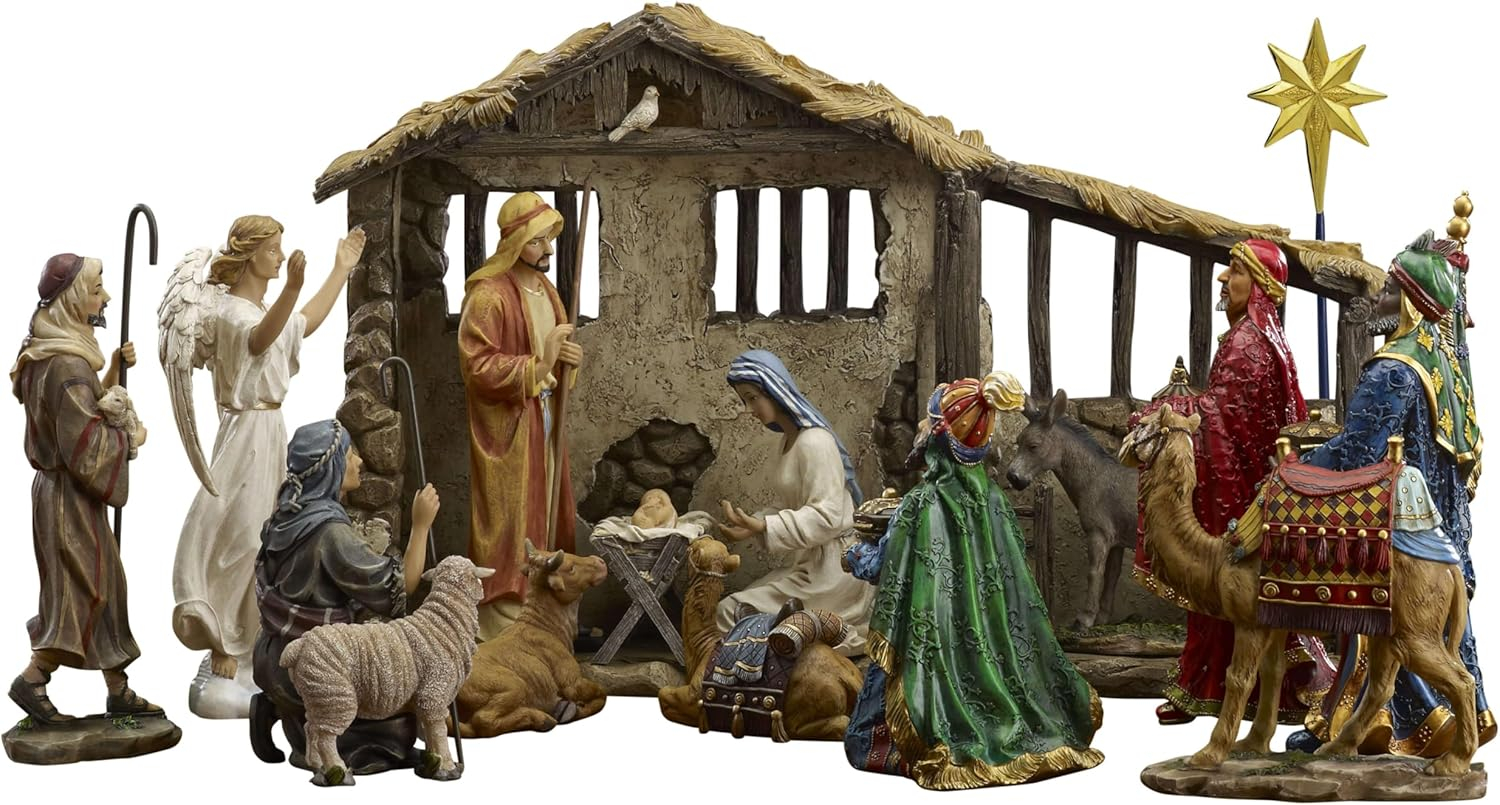 Deluxe Edition 16 Piece 10 Inch Christmas Nativity Set with Real Frankincense Gold and Myrrh.