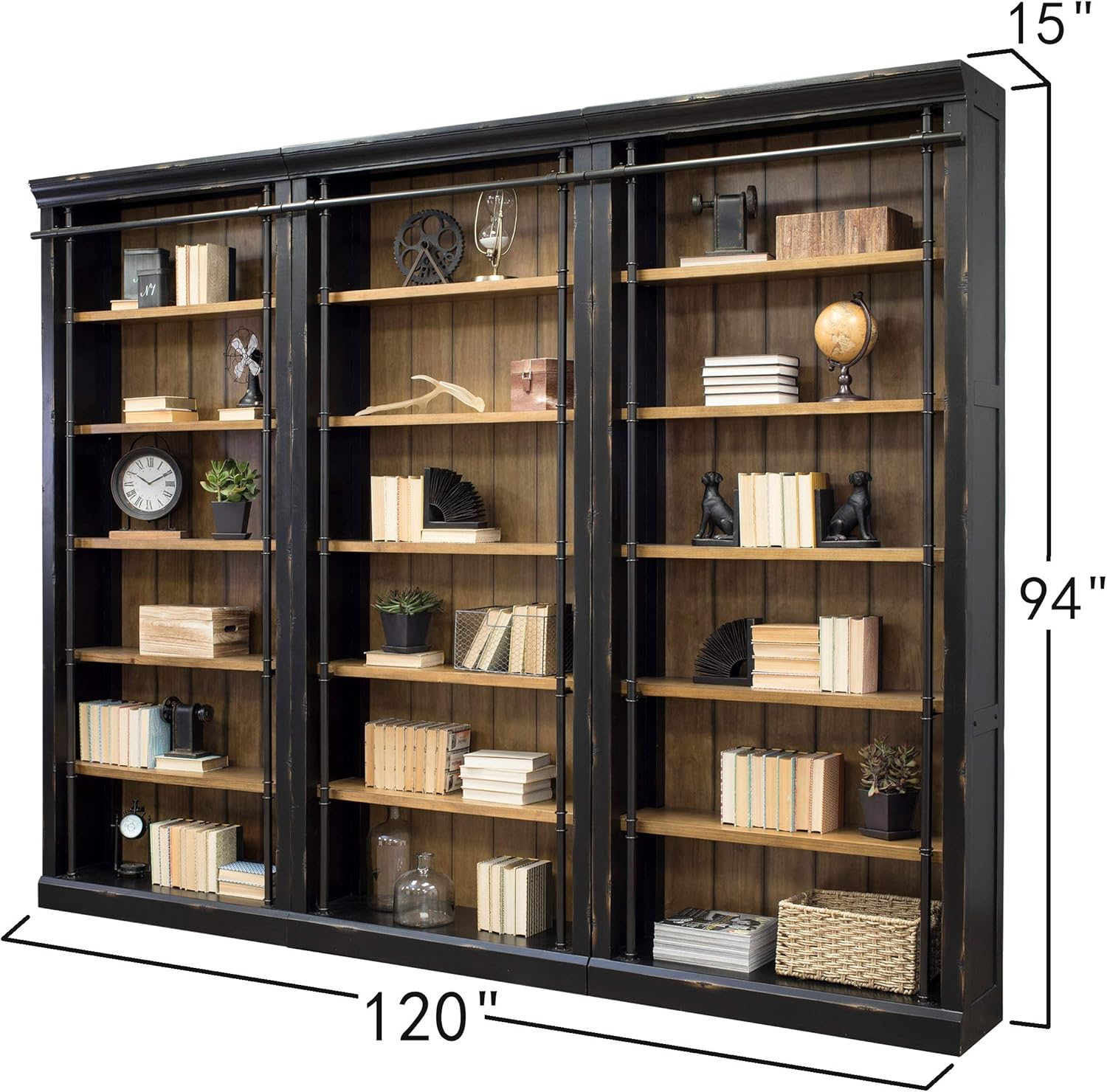 Traditional 8' Tall Wood Bookcase Wall With Ladder Aged Office Bookcases Black