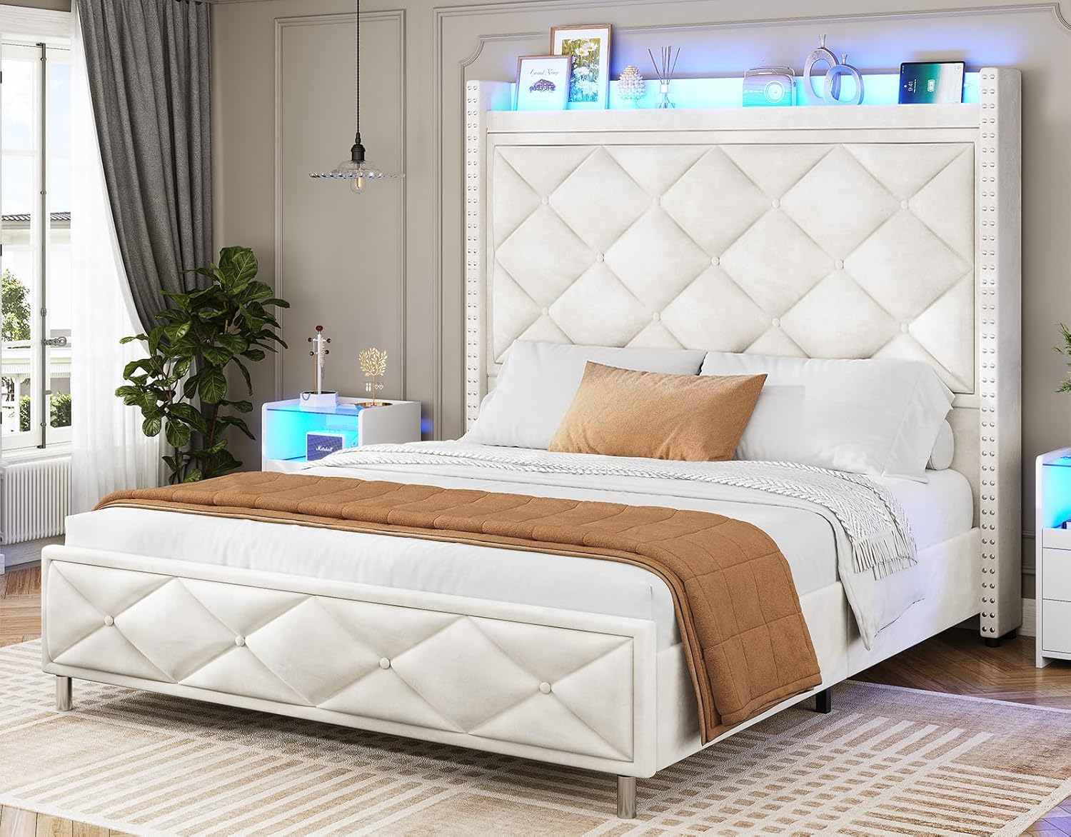 Beige Velvet Queen Bed Frame with Tall Lighted Headboard and Storage