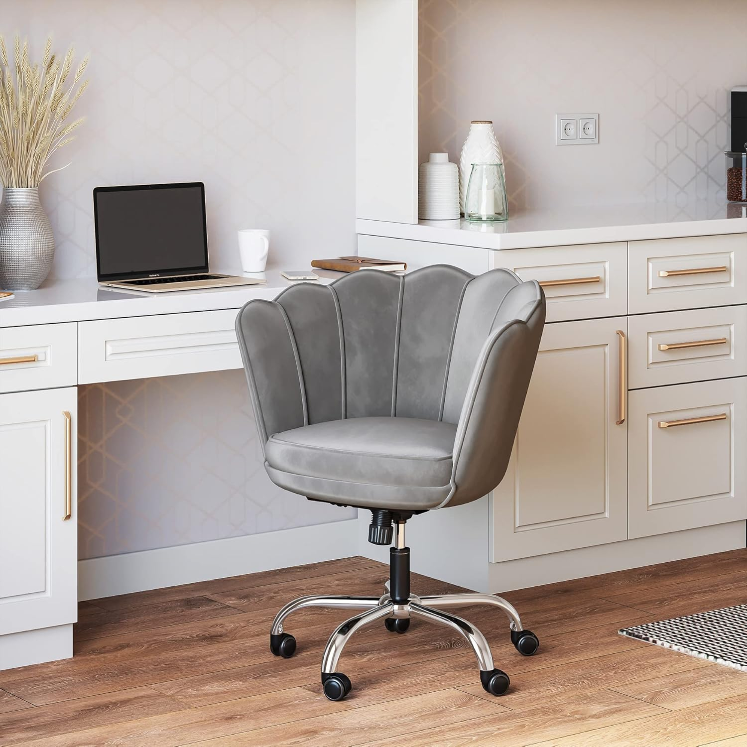 BELLEZE Kaylee Office Chair Upholstered Velvet Seashell Swivel Desk Chair Task Chair Height Adjustable, Gray
