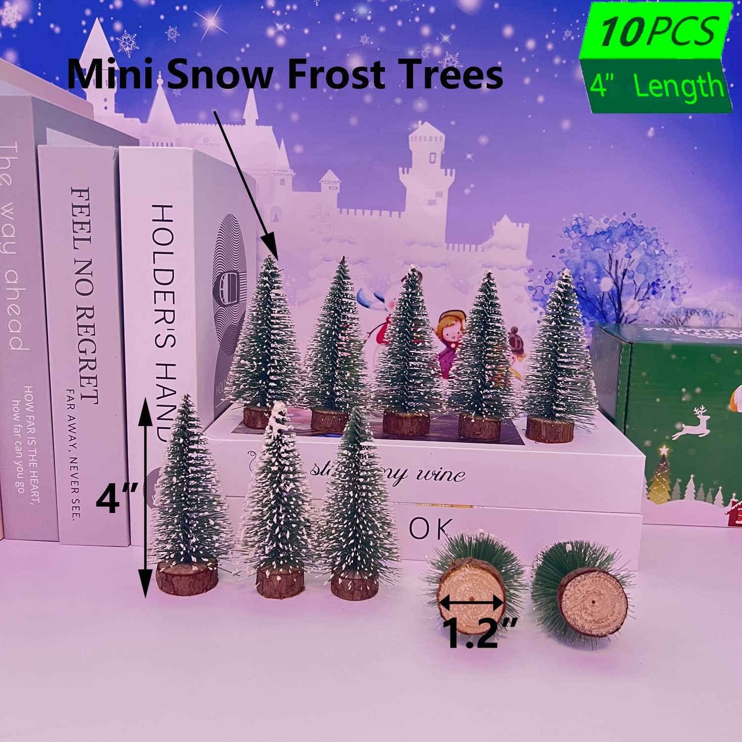 10pcs 4inch Mini Christmas Tree Bottle Brush Trees Chrismas Village Trees Ornaments Mini Plastic Christmas Trees with Wooden Base for Christmas Decoration Miniature Chrismas Tree