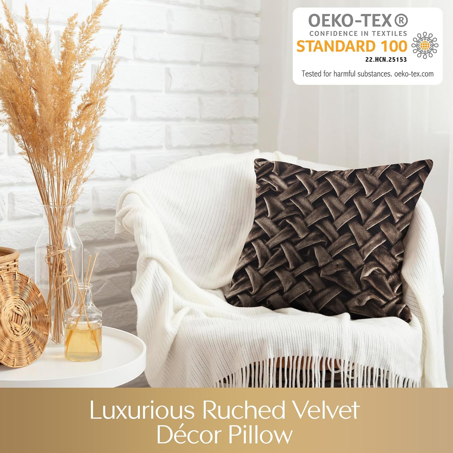 Luxurious Brown Velvet Square Throw Pillow with Feather Fill