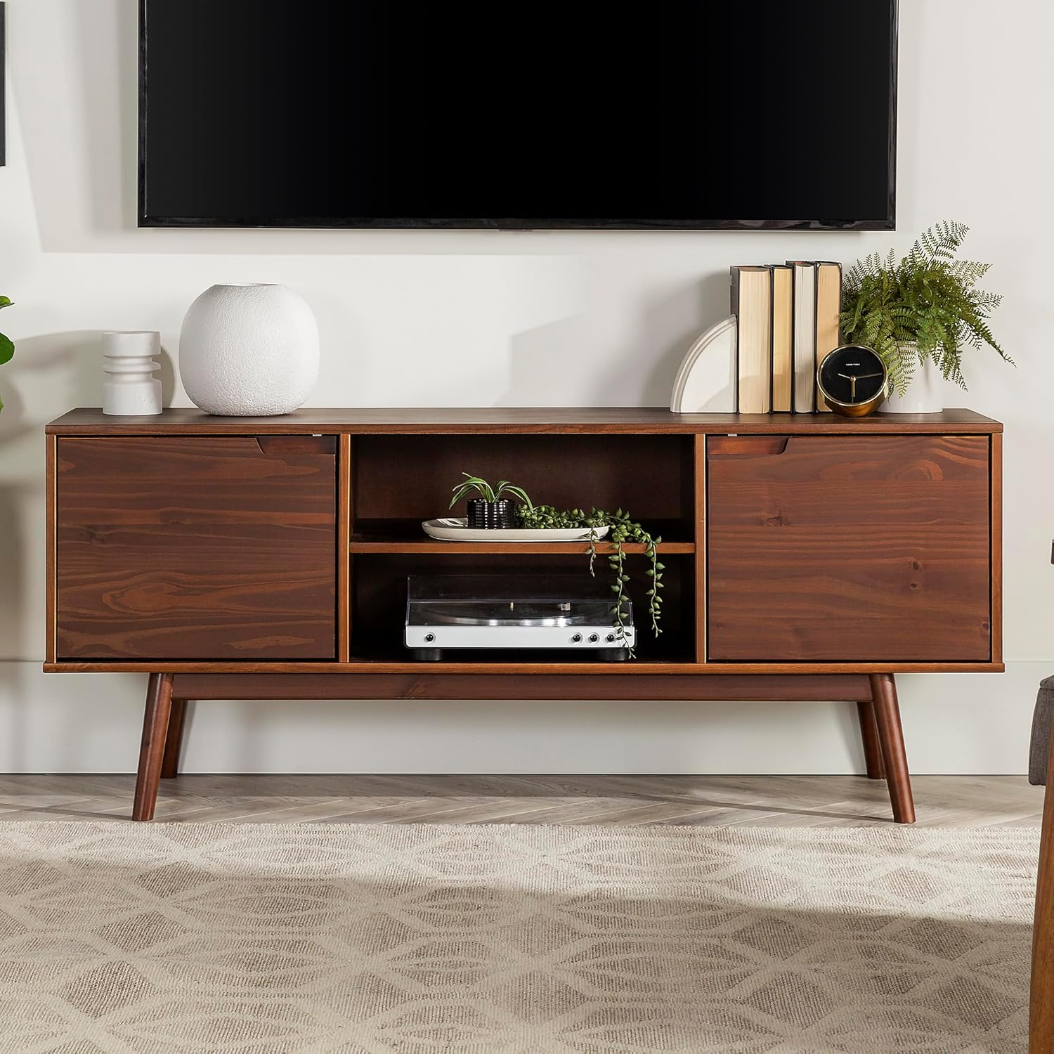 Walnut Solid Wood 58" Modern TV Stand with Cabinet