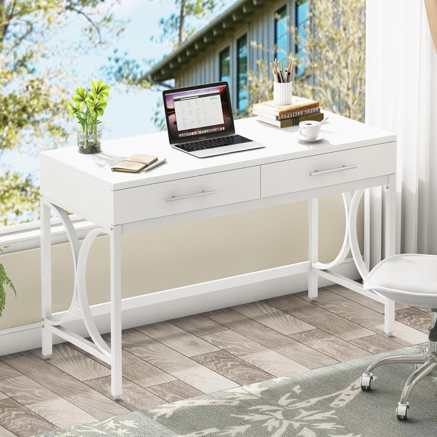 Tribesigns Modern Computer Desk with 2 Drawers, 41 Inches Study Writing Office Desk for Home Office, Bedroom, Makeup Vanity Table Desk with Metal Frame, White