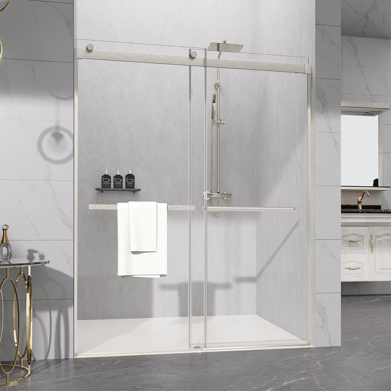 Sunrosa Shower Door 60"×76", Bypass Sliding Shower Door, Frameless Shower Door with Tempered Glass, Shower Glass Door in Brushed Nickel