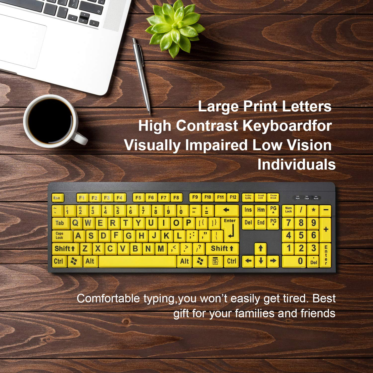 Large Print Computer Keyboard, Wired USB High Contrast Keyboard with Oversized Print Letters for Visually Impaired Low Vision Individuals (Yellow+Black)