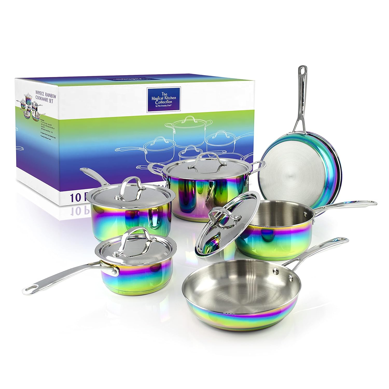 The Magical Kitchen Collection - Iridescent Rainbow Cookware Set - Premium Heavy Duty Stainless Steel and Titanium Pots & Pans Set - Rust Proof, Induction Stove & Oven-Safe (10 Piece)