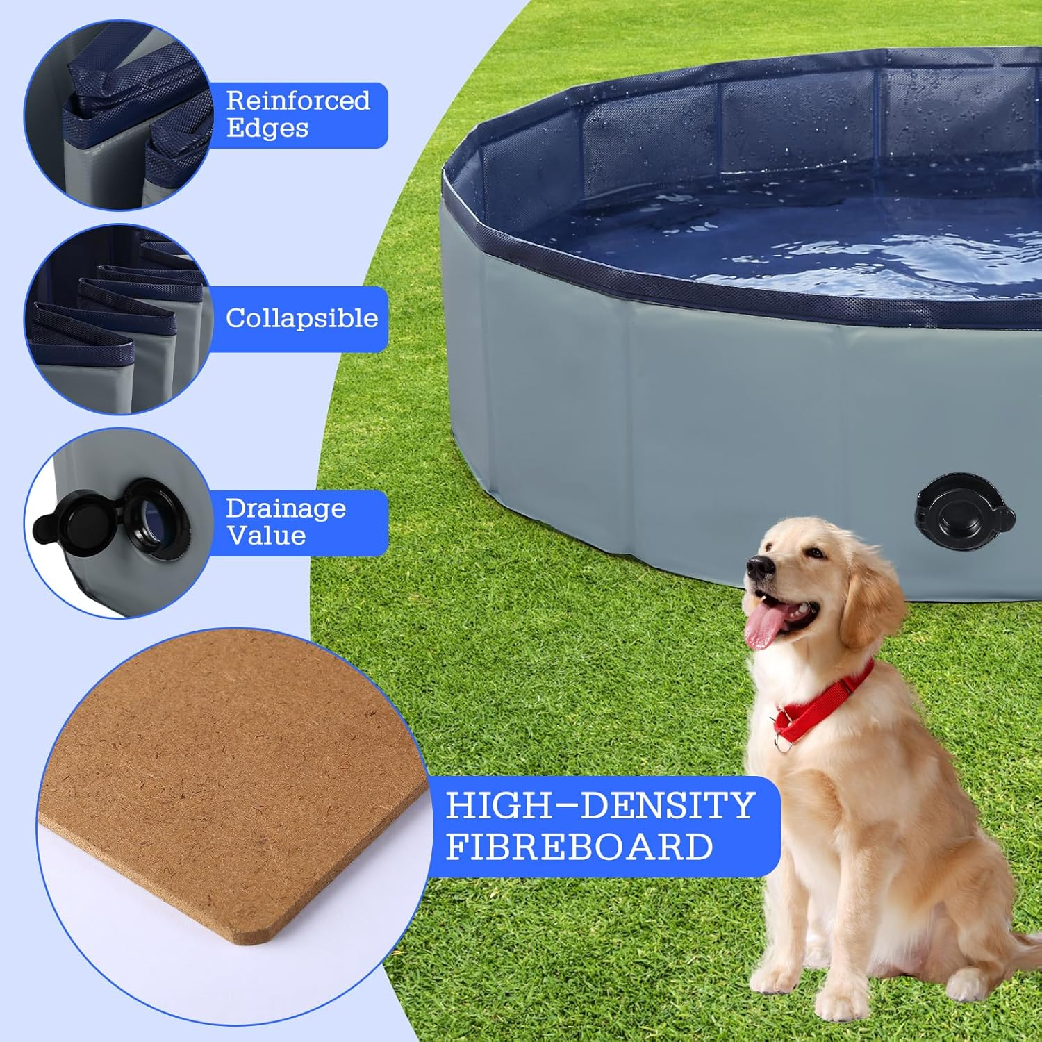 Foldable Dog Bath Swimming Pool Plastic Kiddie Pool Professional Tub Collapsible Grooming Bathtub for Pets Kids Baby and Toddler, 32 x 8 Inches Blue
