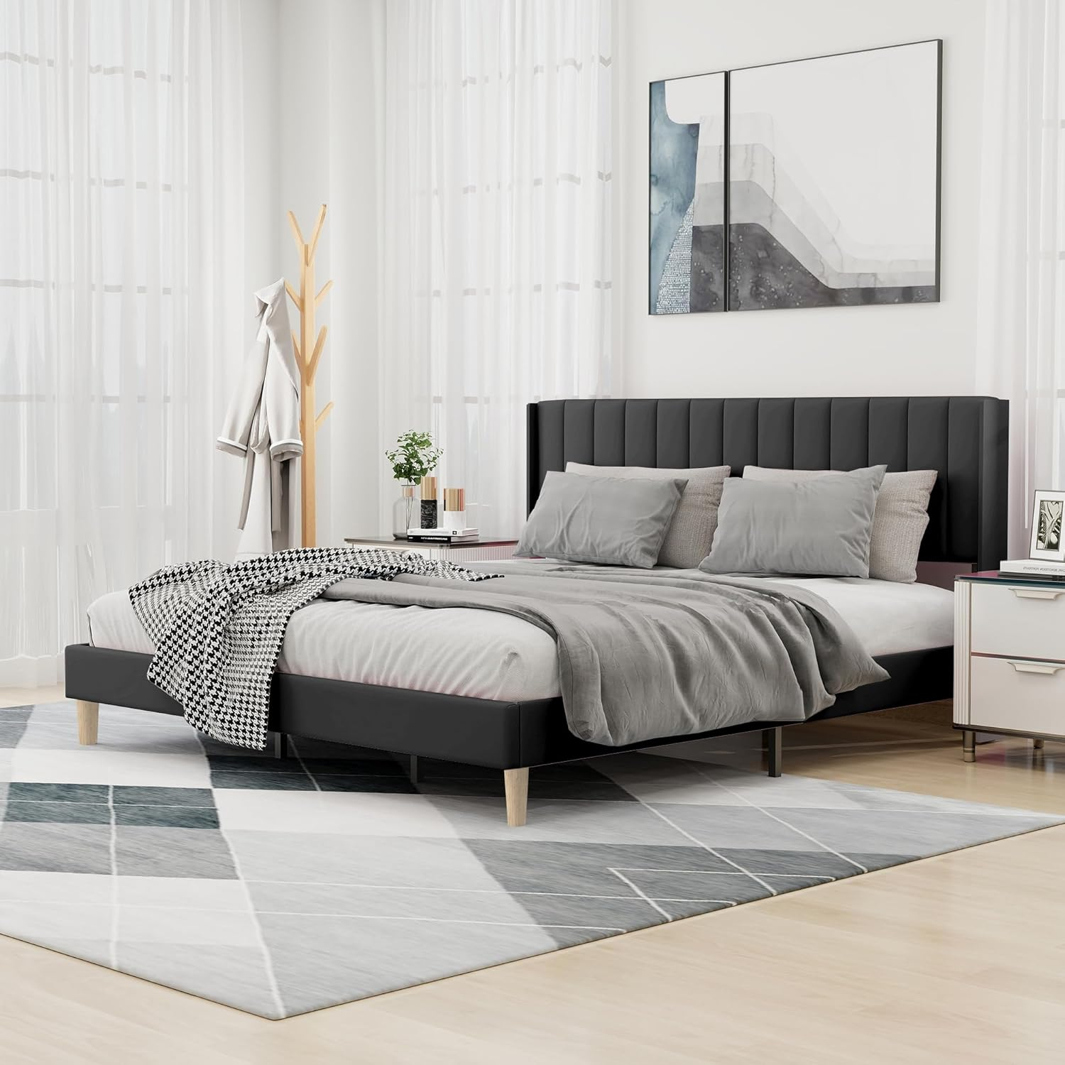 alazyhome Upholstered Platform Twin Size Bed Frame with Headboard Wooden Slats Support No Noise Easy Assembly Black Linen