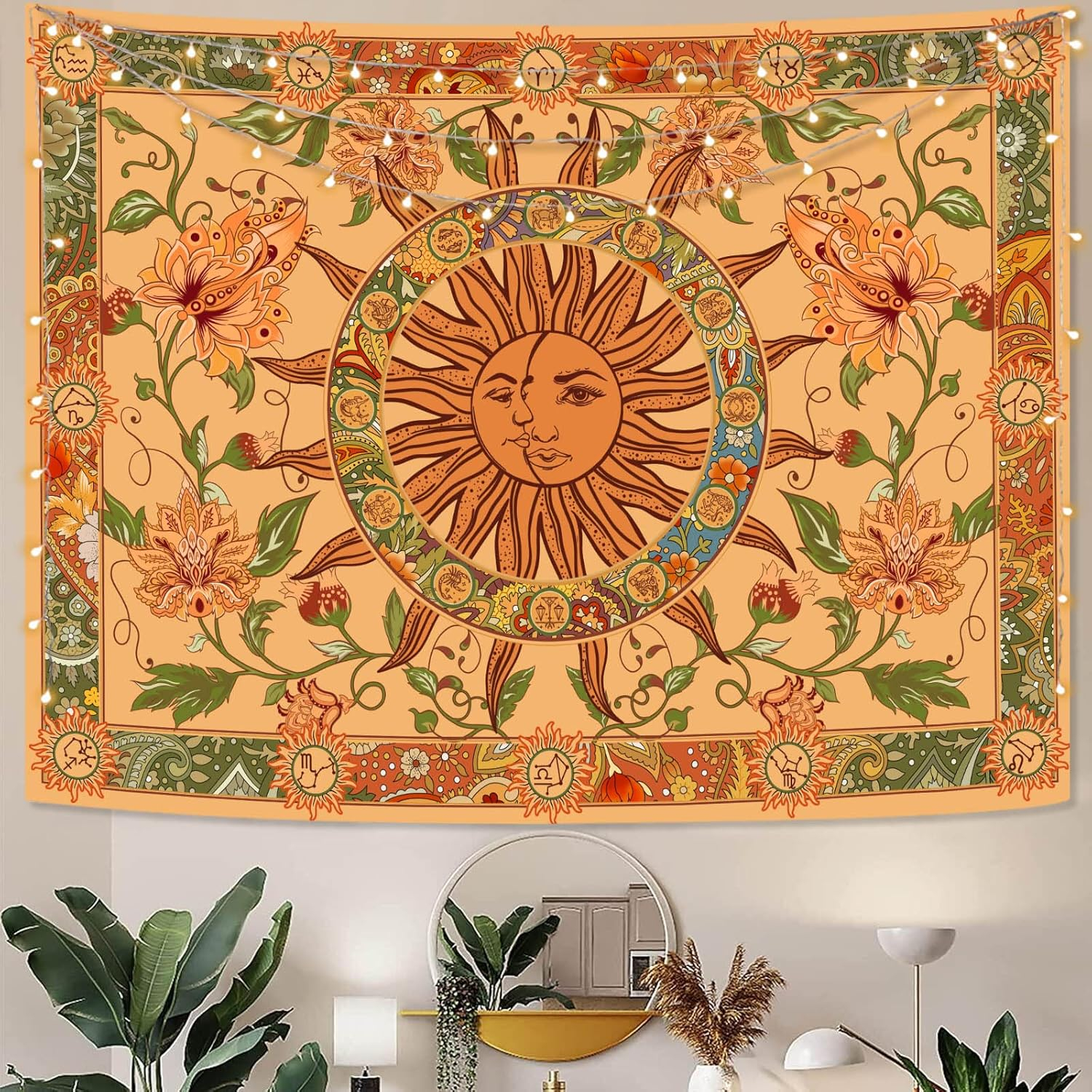Yellow Sun and Moon Tapestry Vintage Indie Boho Tapestry Wall Hanging with Sunflowers Butterfly Moth Constellation Aesthetic Wall Tapestries for Room Decor (35''high × 47''wide)
