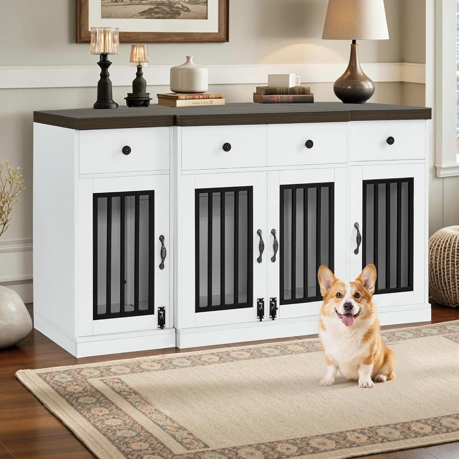 MCombo Wooden Dog Crate Furniture, Dog Kennel Pet House TV Stand with 4 Drawers & 4 Lockable Doors, Pet Crate Table for Medium/Large Dogs 1872