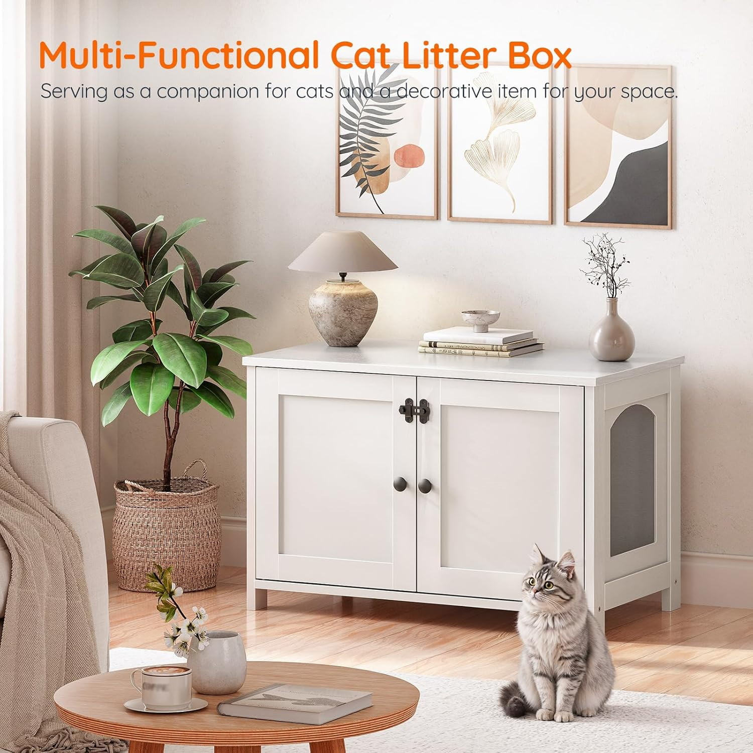 HOOBRO Litter Box Enclosure, Cat Litter Box Furniture with Removable Divider, Large Hidden Litter Box Furniture, Wooden Cat House, End Side Table, 31" L x 17.5" W x 19.7" H, White WT03MW01G2