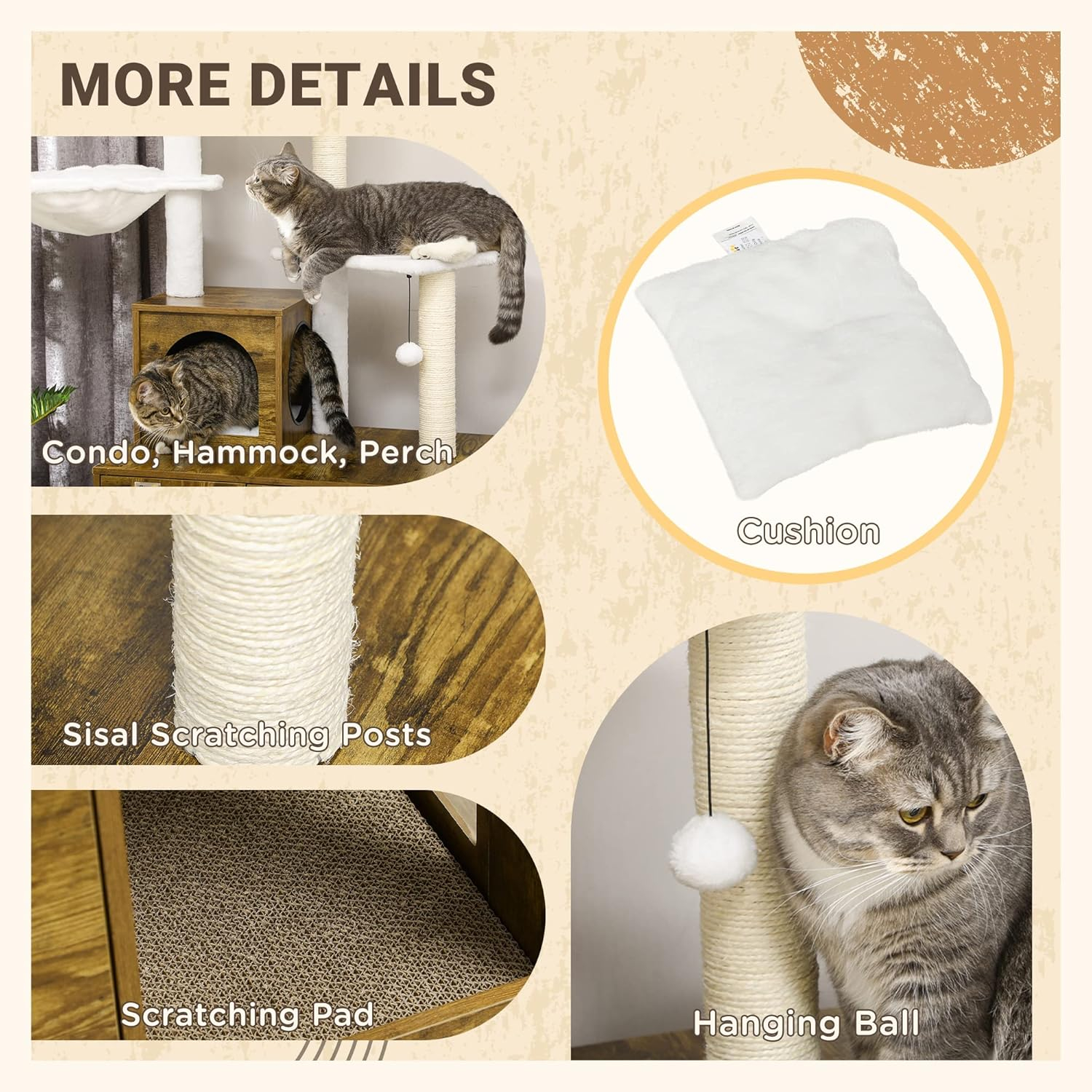 PawHut Cat Tree with Litter Box Enclosure, 2-in-1 Cat Tower Litter Box Furniture Indoor, Cat Condo with Hammock, Scratching Posts Pad, Rustic Brown